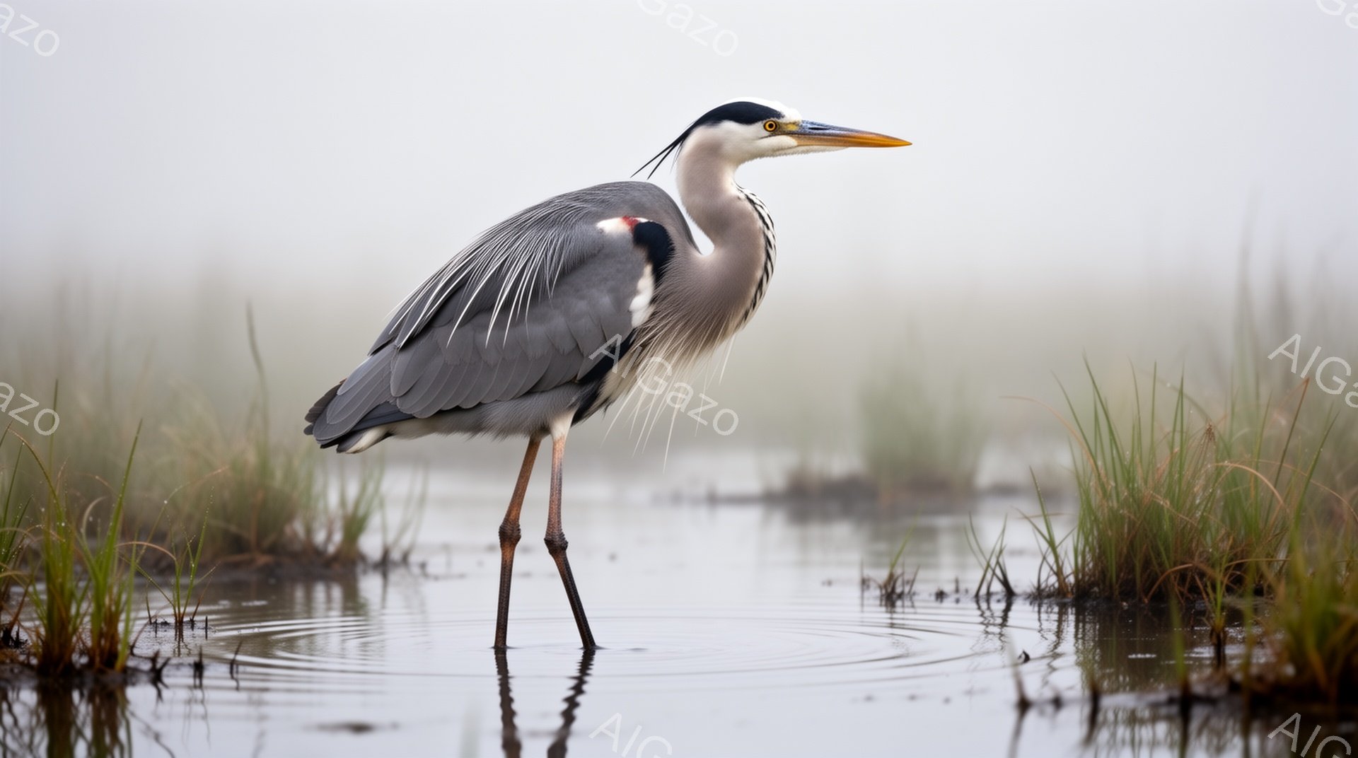 浅い水の中に一羽のアマサギが立っている。 その羽は灰色で、長い首と細い脚を持つ。 周囲は霧に包まれ、水面には波紋が広がっている。 - AI生成フリー素材