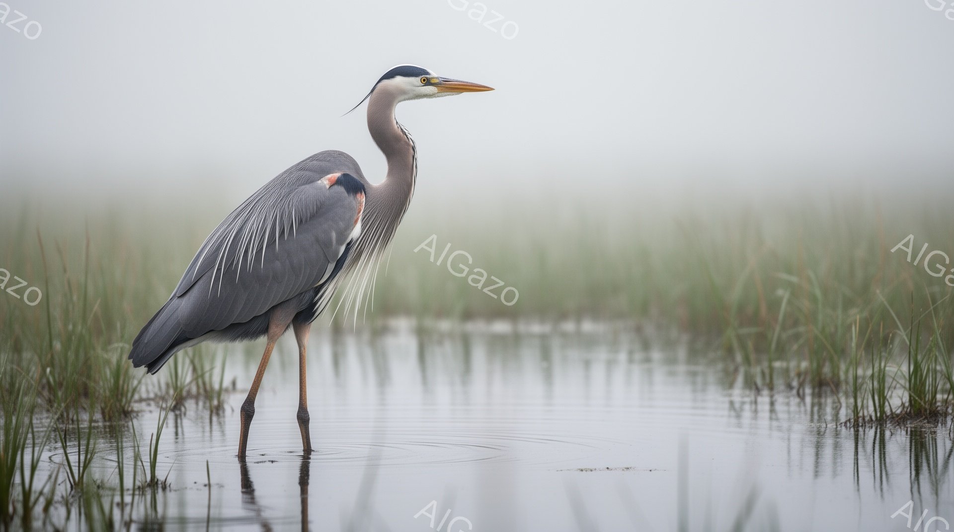 浅い水の中にサギが一羽立っている。周囲は霧に包まれ、水面は静かで穏やかな雰囲気が漂っている。緑色の植物が水中に見え、背景はぼやけている。