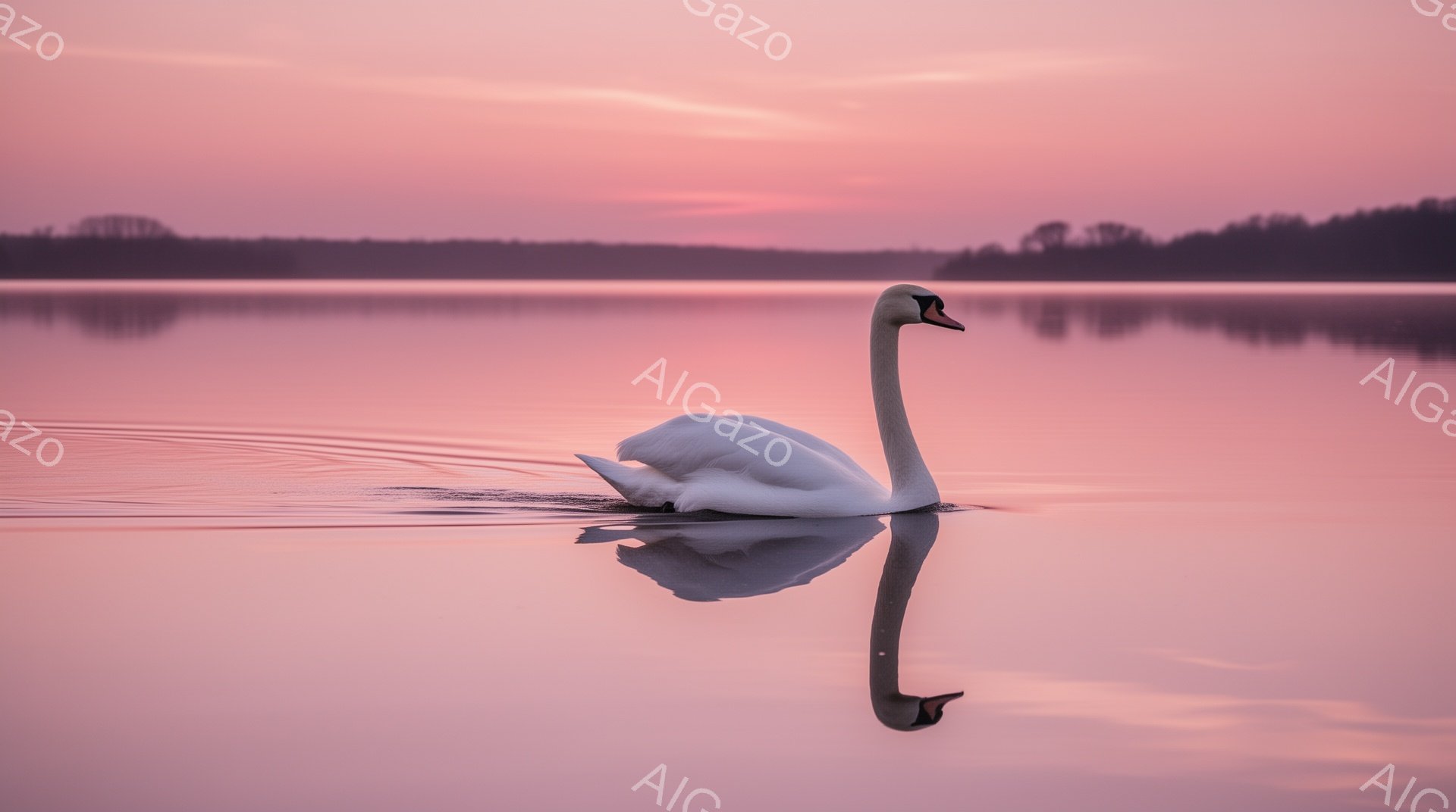 白い白鳥が穏やかな水面に浮かび、静寂な朝の湖を優雅に滑っている。背景には淡いピンク色の空と、遠くに見える緑の木々が広がり、幻想的な雰囲気を醸し出している。水面に映る白鳥の姿も美しく、まるで鏡のような風景だ。