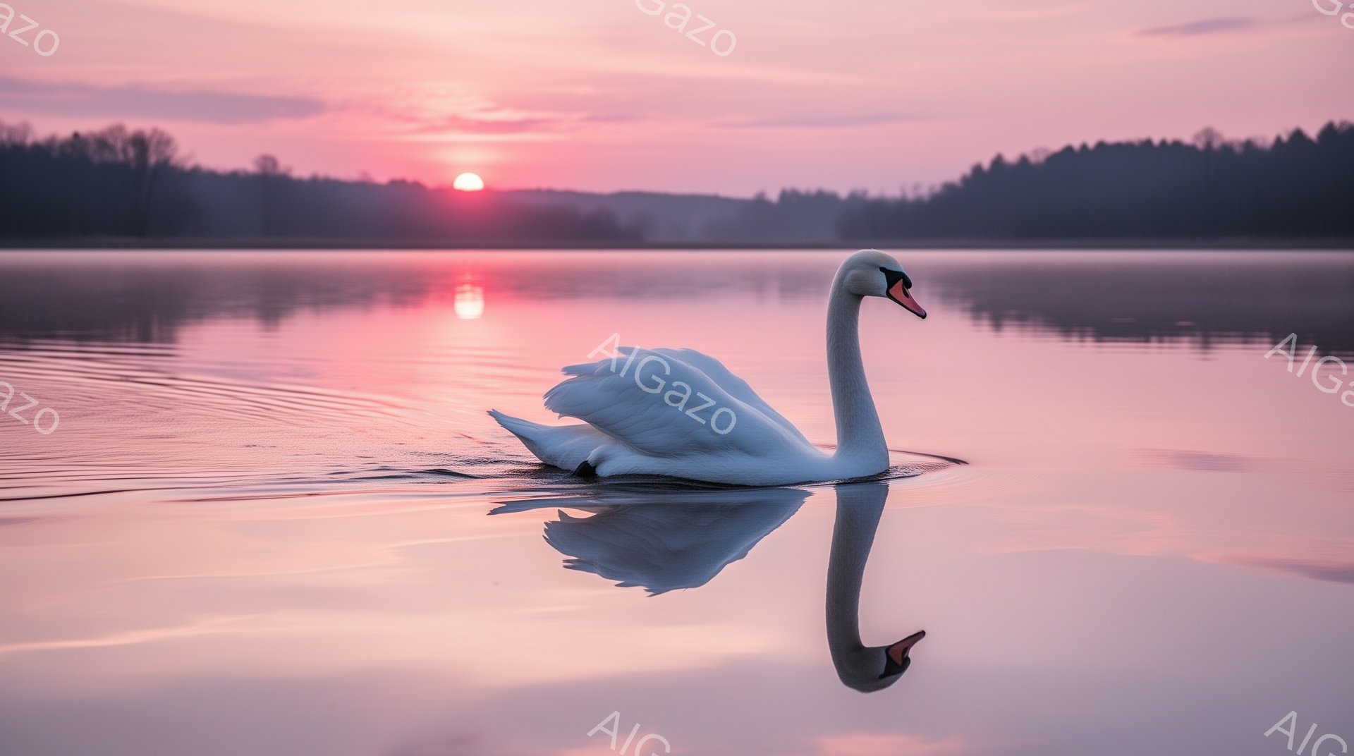 白鳥が穏やかな湖面を優雅に泳いでいる。水面に映る姿は左右対称で美しく、夕焼けのピンク色が湖全体を染め上げ、幻想的な雰囲気を醸し出している。遠くには薄ぼんやりとした森が見える。 - AI生成フリー素材
