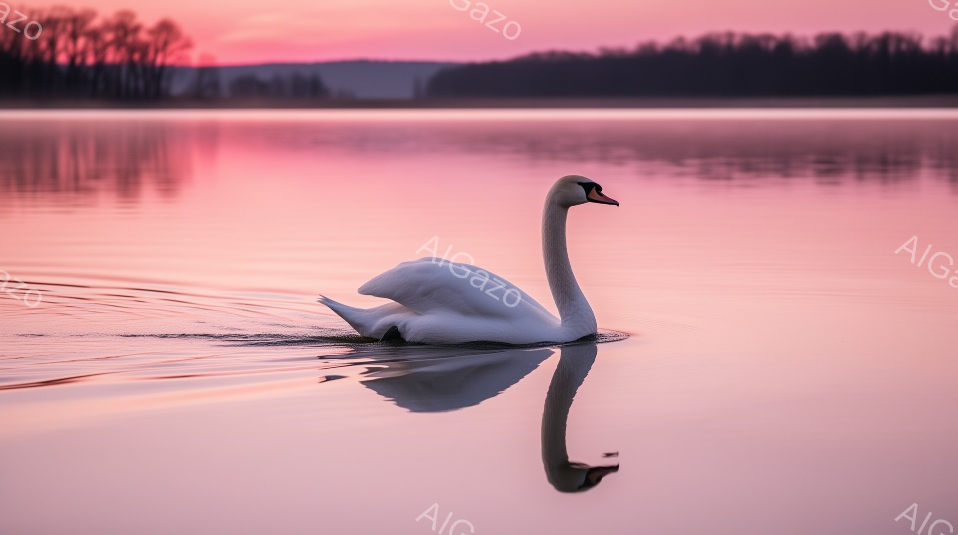 白鳥が穏やかな水面を優雅に泳いでいる。夕焼けのピンク色の光が水面に反射し、幻想的な雰囲気を醸し出している。背景にはぼんやりと木々が見え、静寂な時間が感じられる。 - AI生成フリー素材