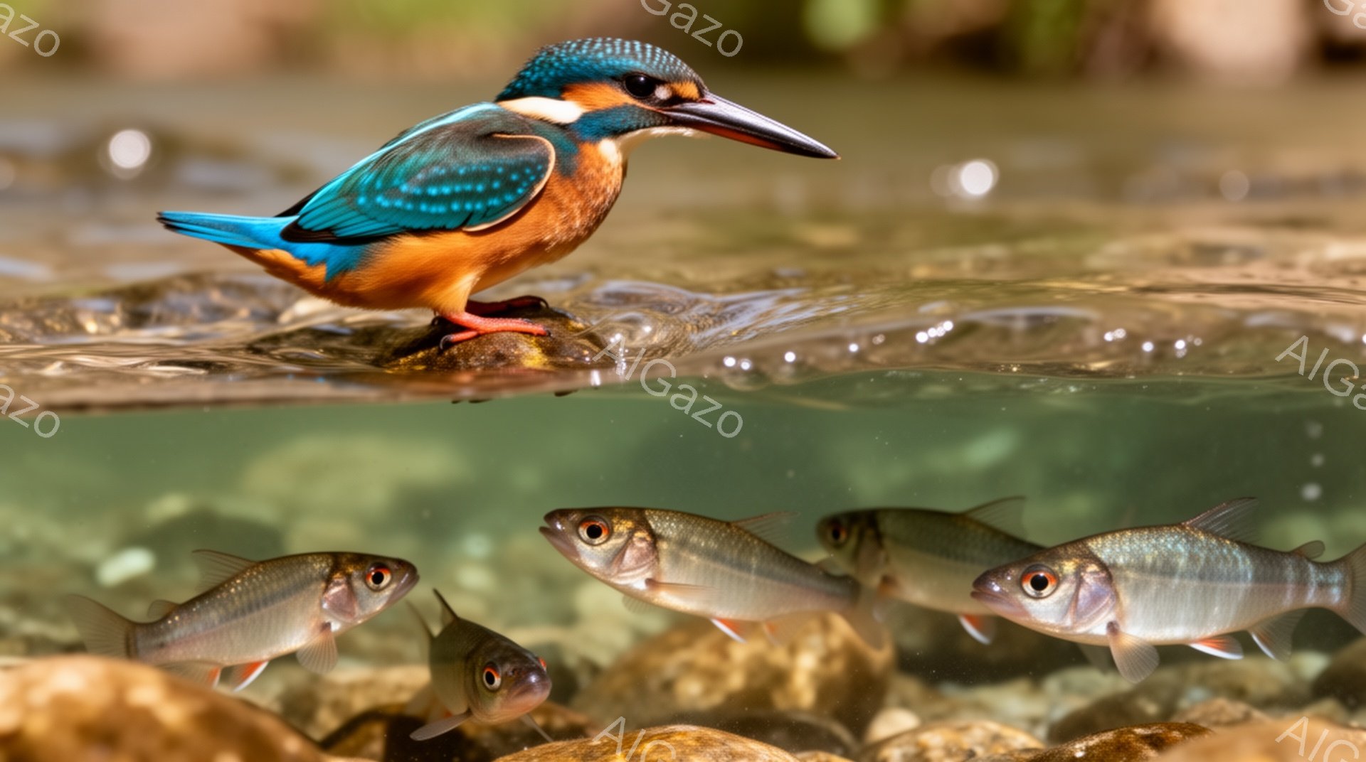 美しいカワセミが岩の上に止まり、鋭い目で獲物を狙っている。水面の下には、銀色に輝く魚たちが泳ぎ、鮮やかな自然の色彩が目に飛び込んでくる。水は澄んでいて、日差しが反射し、穏やかな雰囲気を醸し出している。 - AI生成フリー素材