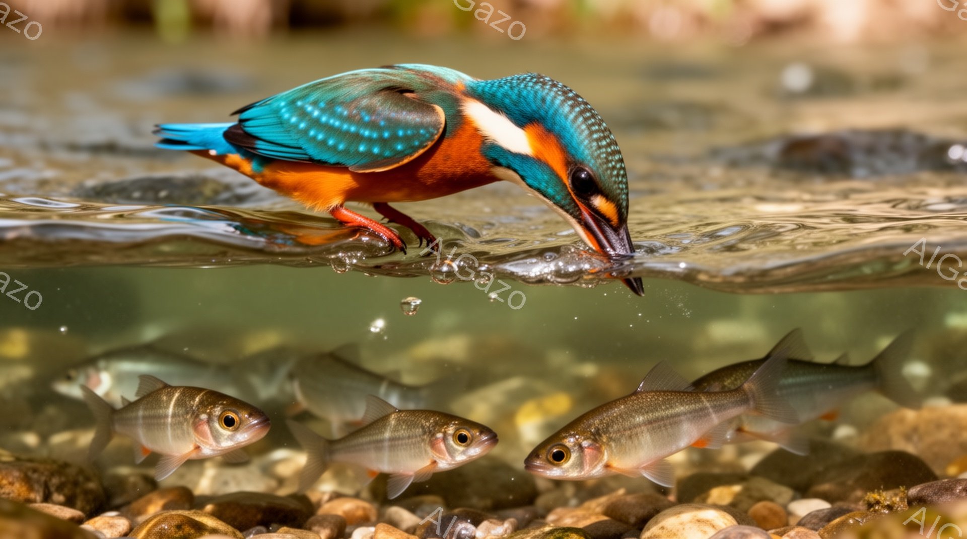 鮮やかな青とオレンジ色のカワセミが水中に潜り、魚を捕らえようとしています。水面は光で輝き、水中の小石と魚たちがその瞬間を彩っています。ダイナミックな捕食シーンが捉えられ、自然の力強さを感じさせます。 - AI生成フリー素材