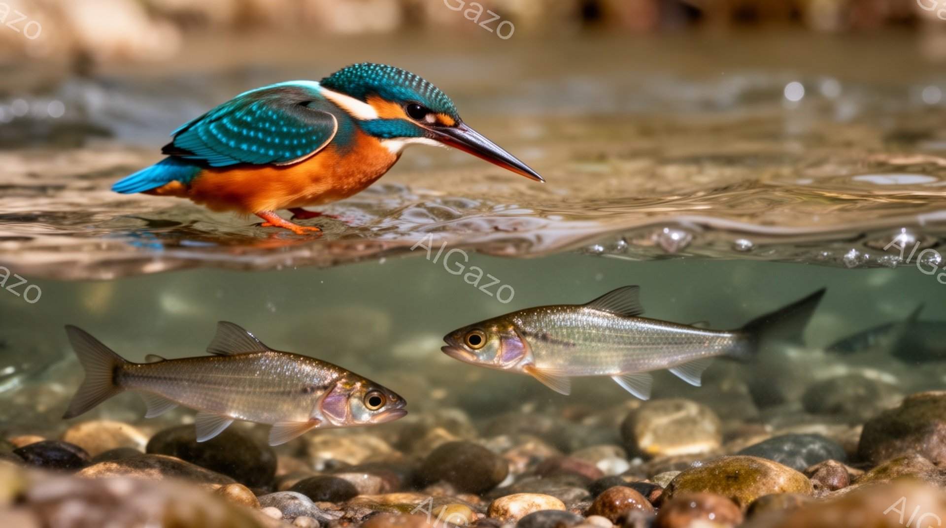 鮮やかな色のカワセミが水中に潜り、獲物を狙っている様子が捉えられています。水面近くには数匹の魚が泳ぎ、岩が敷かれた水底が透けて見えます。光の反射が水面を作り出し、ダイナミックな瞬間を強調しています。 - AI生成フリー素材