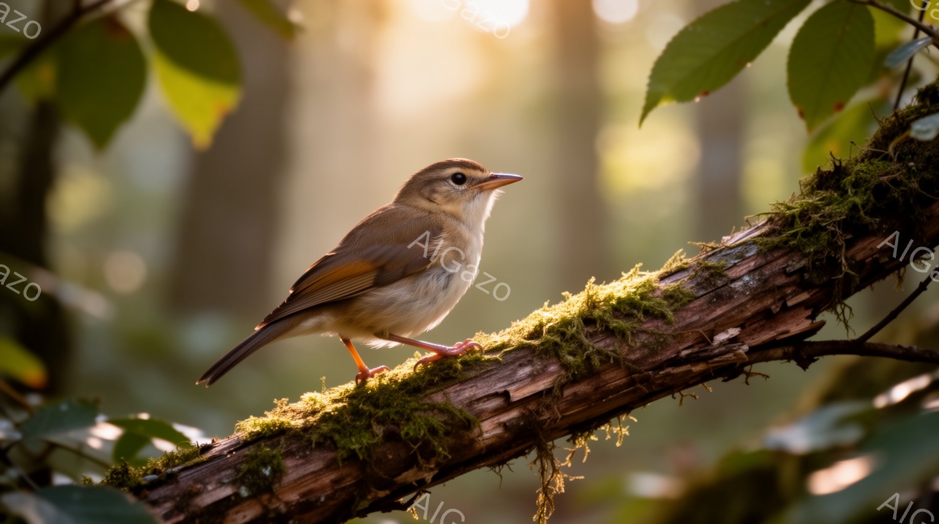 苔むした枝にとまっている小さな鳥が写っています。光が差し込み、背景の緑と鳥の茶色の羽毛が美しく調和しています。静かで穏やかな雰囲気が漂う、自然豊かな情景です。 - AI生成フリー素材