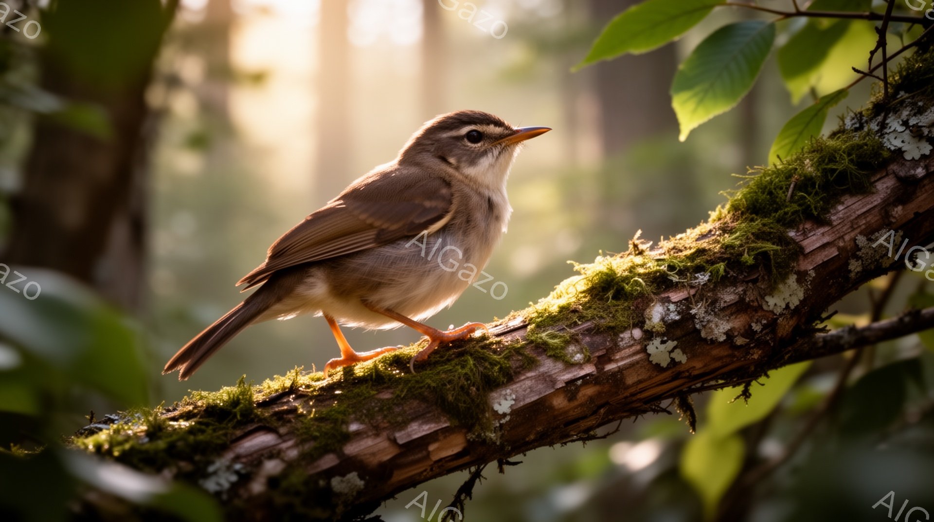 小さな鳥が苔むした木の枝にとまっている。柔らかい光が差し込み、背景の緑と鳥の羽の色を強調している。穏やかで静謐な雰囲気を感じさせる自然の写真である。 - AI生成フリー素材