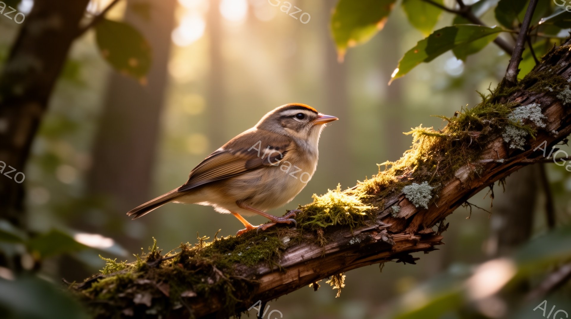 小鳥が苔むした木の枝にとまっています。背景には木々の緑と太陽光が差し込み、柔らかい光が鳥を照らしています。その姿は、自然の中で静かに過ごす穏やかな瞬間を捉えています。 - AI生成フリー素材