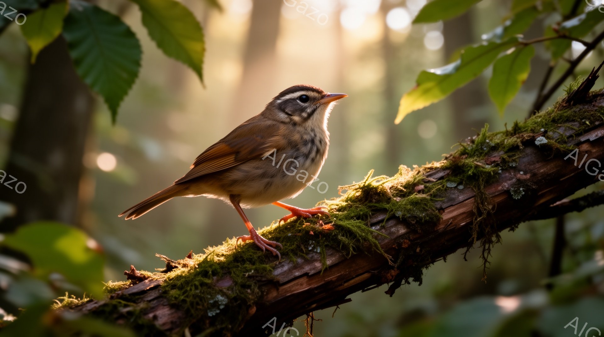苔むした枝にとまった小さな鳥が写っている。日の光が木々の間から差し込み、鳥の羽を照らし、暖かい雰囲気を醸し出している。背景は緑豊かで、自然の美しさが際立っている。 - AI生成フリー素材