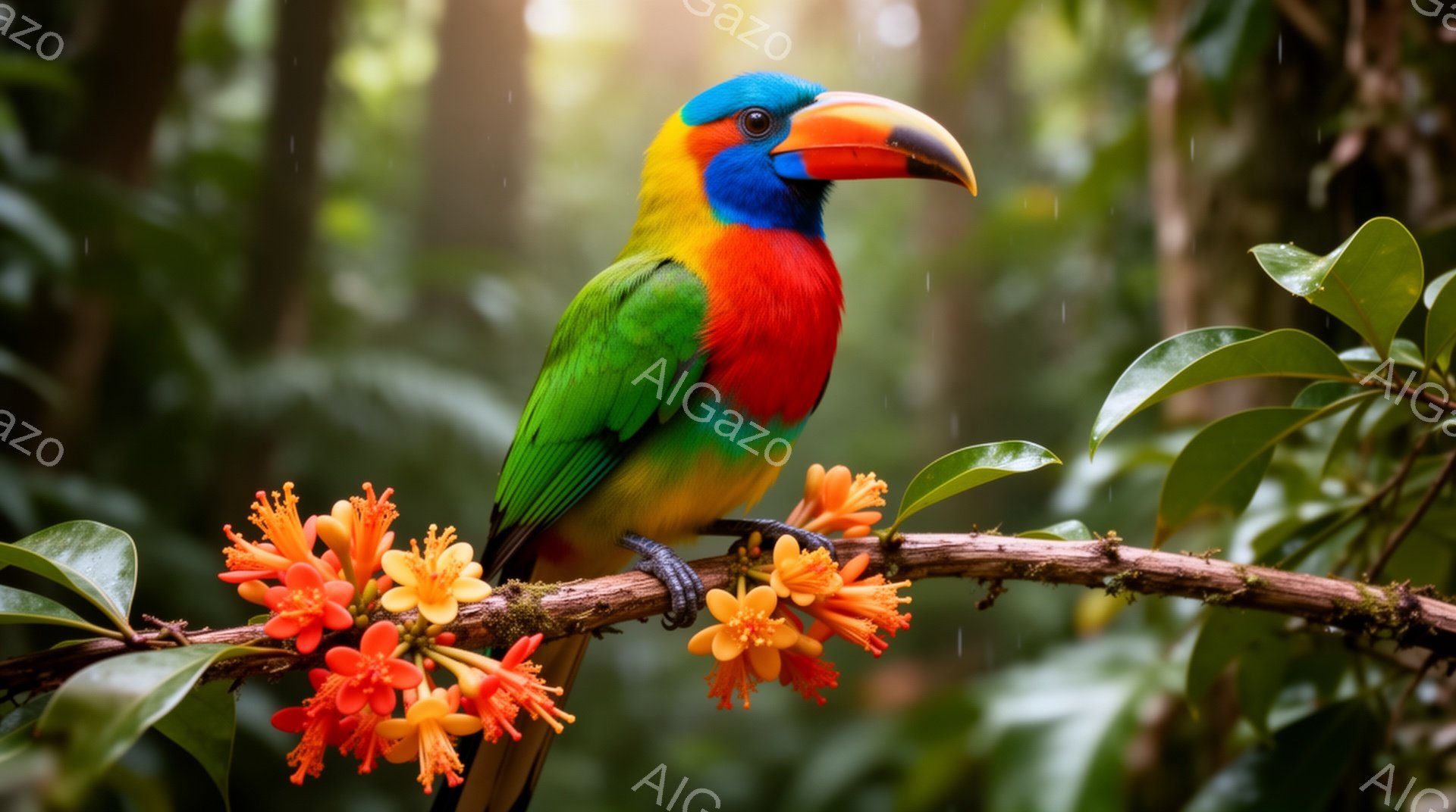 色鮮やかなオオハシが、オレンジ色の花が咲く枝にとまっている。その羽は緑、赤、青、黄色が鮮やかに映え、熱帯雨林の緑とのコントラストが美しい。背景はぼやけており、暖かく柔らかな光が差し込んでいる。