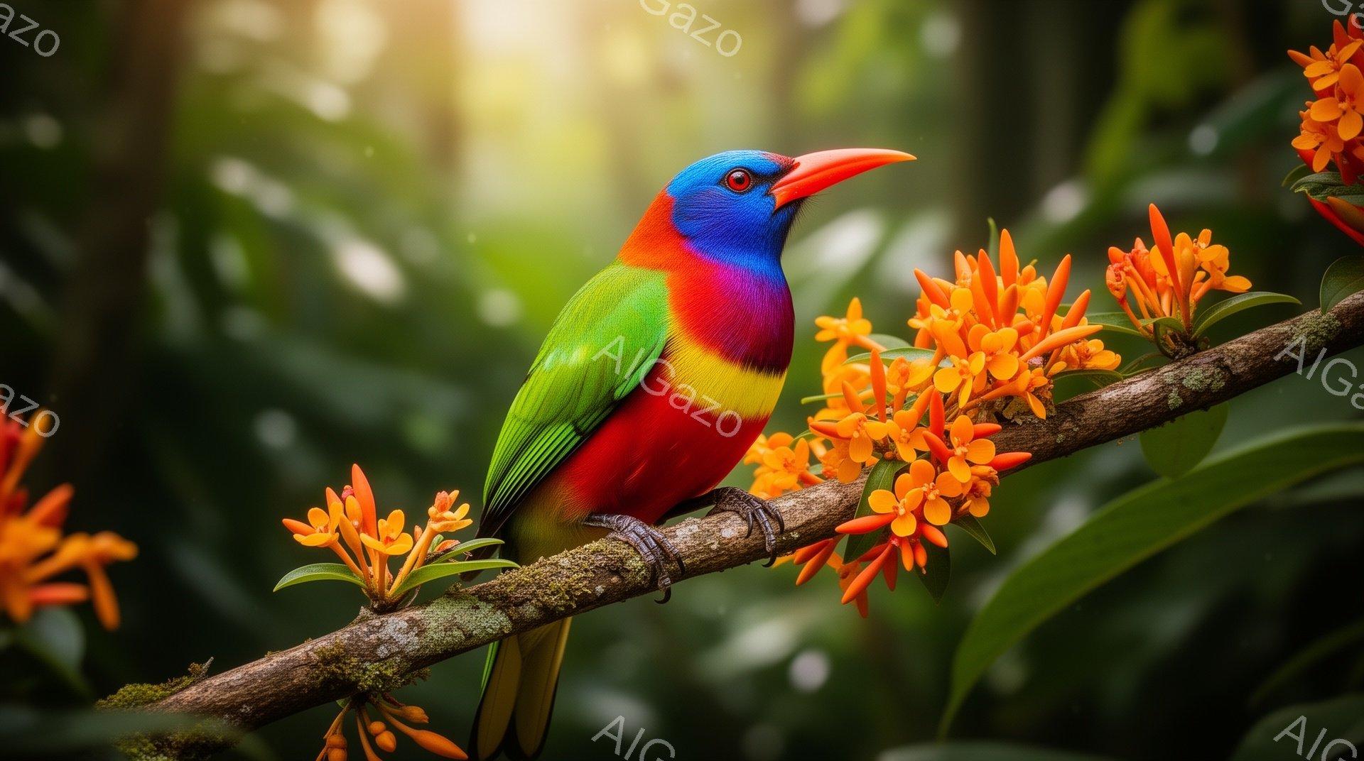 色鮮やかな赤と緑の鳥が枝にとまっており、周囲にはオレンジ色の花が咲き乱れている。背景は緑豊かな植物で覆われ、太陽の光が差し込み、暖かく鮮やかな雰囲気を醸し出している。鳥の鮮やかな色彩と自然のコントラストが印象的な一枚である。