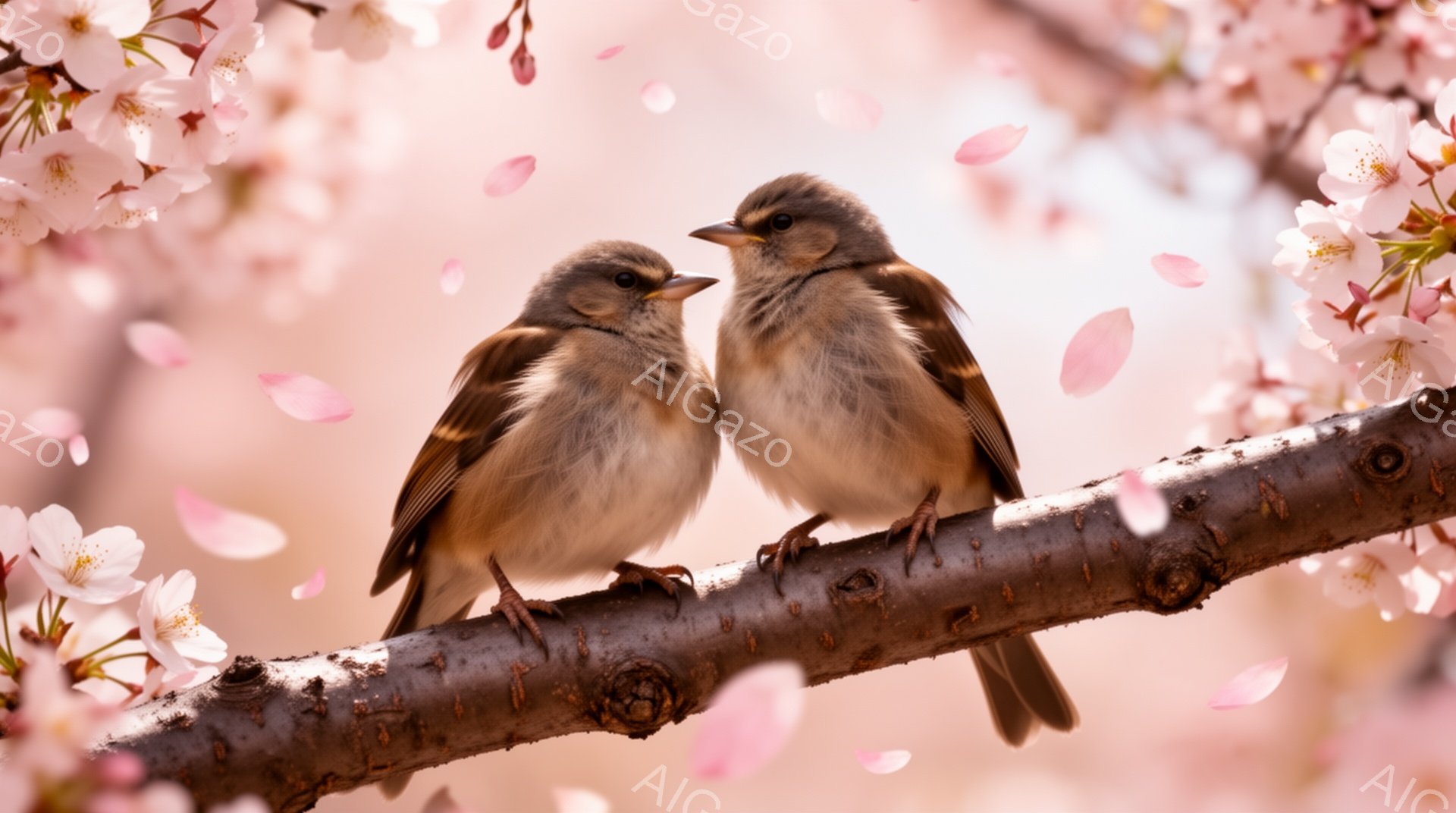 春の桜の木に、2羽の雀が寄り添って止まっています。ピンク色の花びらが舞い散り、穏やかで優しい雰囲気を醸し出しています。暖かく、平和な春の光景です。