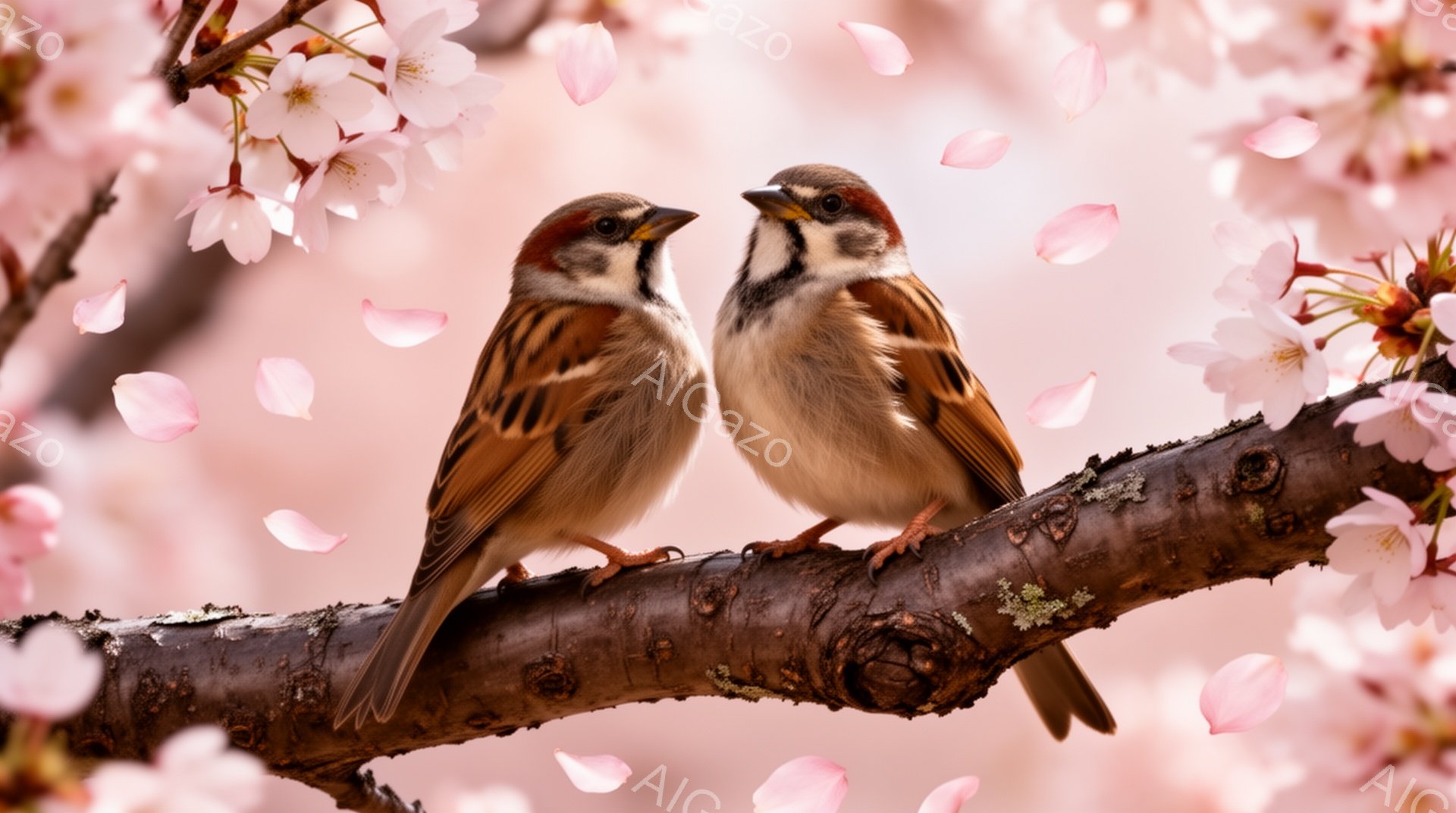 桜の枝に二羽のスズメが寄り添ってとまっている。ピンク色の桜の花びらが舞い散り、春の穏やかな雰囲気を醸し出している。柔らかい光の中で、スズメの羽の色がより鮮やかに見える。