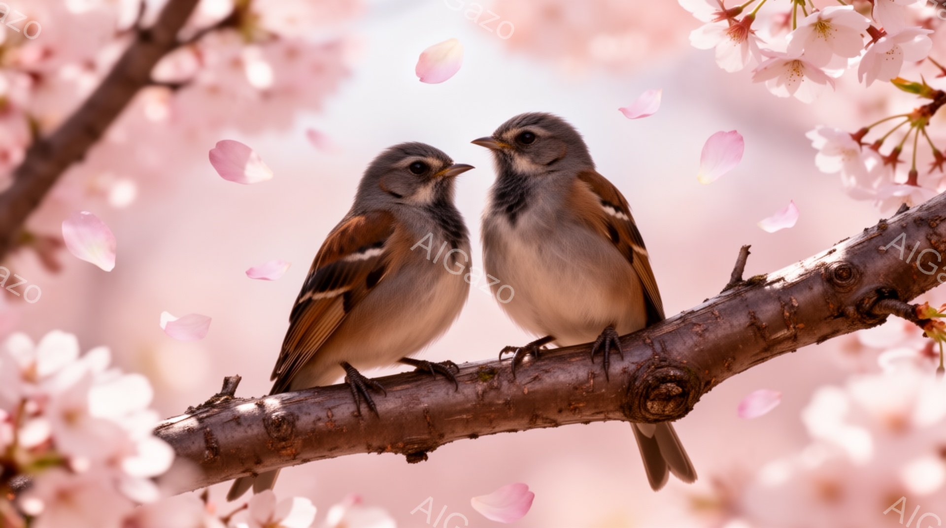 桜の枝に二羽の鳥が並んで止まっています。ふたりは向かい合っていて、春の暖かさと穏やかさを感じさせる場面です。周りには桜の花びらが舞い、幻想的な雰囲気を醸し出しています。