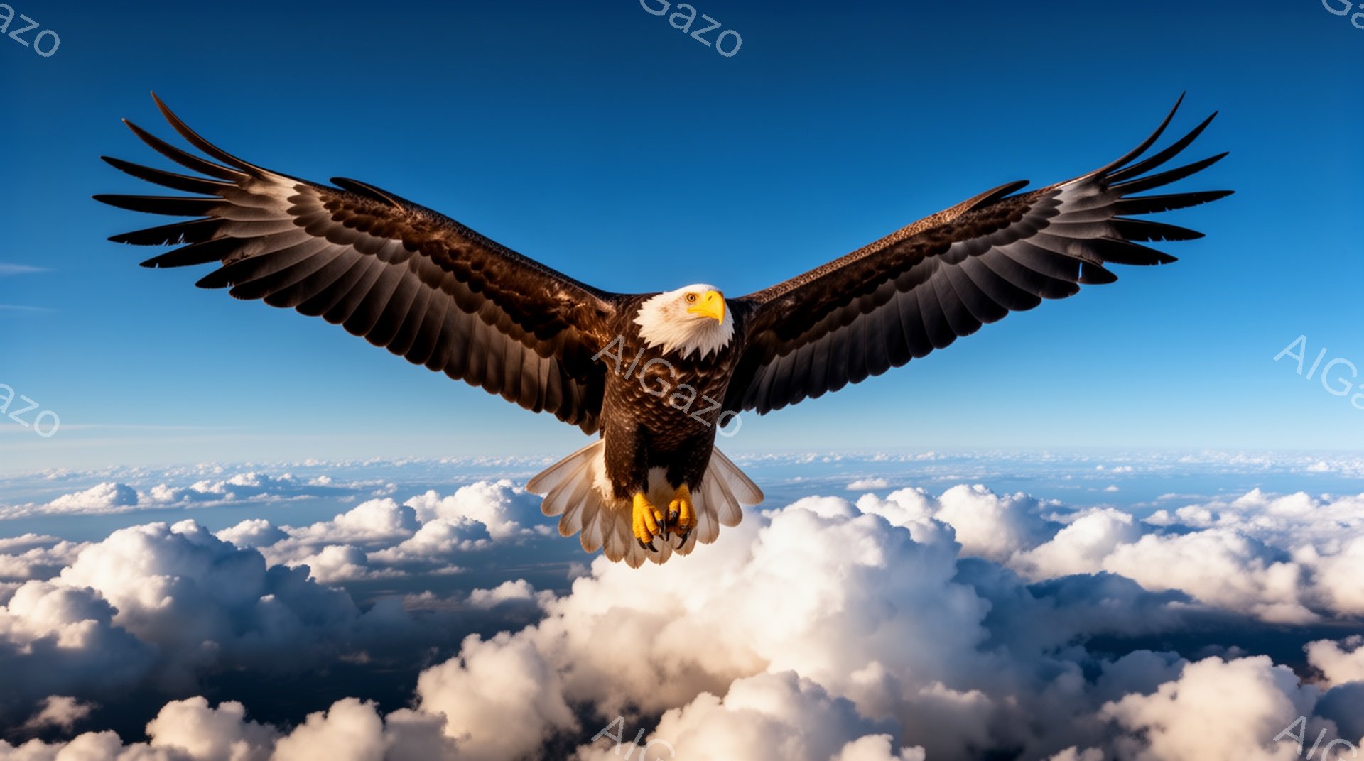 広大な雲海を背景に、翼を大きく広げたアメリカワシが力強く飛び交っている。鋭い眼光と鮮やかな黄色い爪が印象的で、自由と力強さを象徴している。空は澄み切った青色で、ワシのシルエットが際立っている。 - AI生成フリー素材