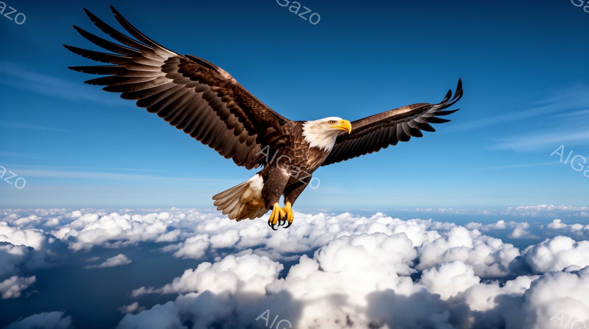 広大な雲海を背景に、力強く翼を広げたハクトウワシが描かれている。青い空とのコントラストが鮮やかで、ワシの鋭い眼差しと力強い爪が印象的だ。雲はふわふわとしており、まるで綿のような質感である。 - AI生成フリー素材