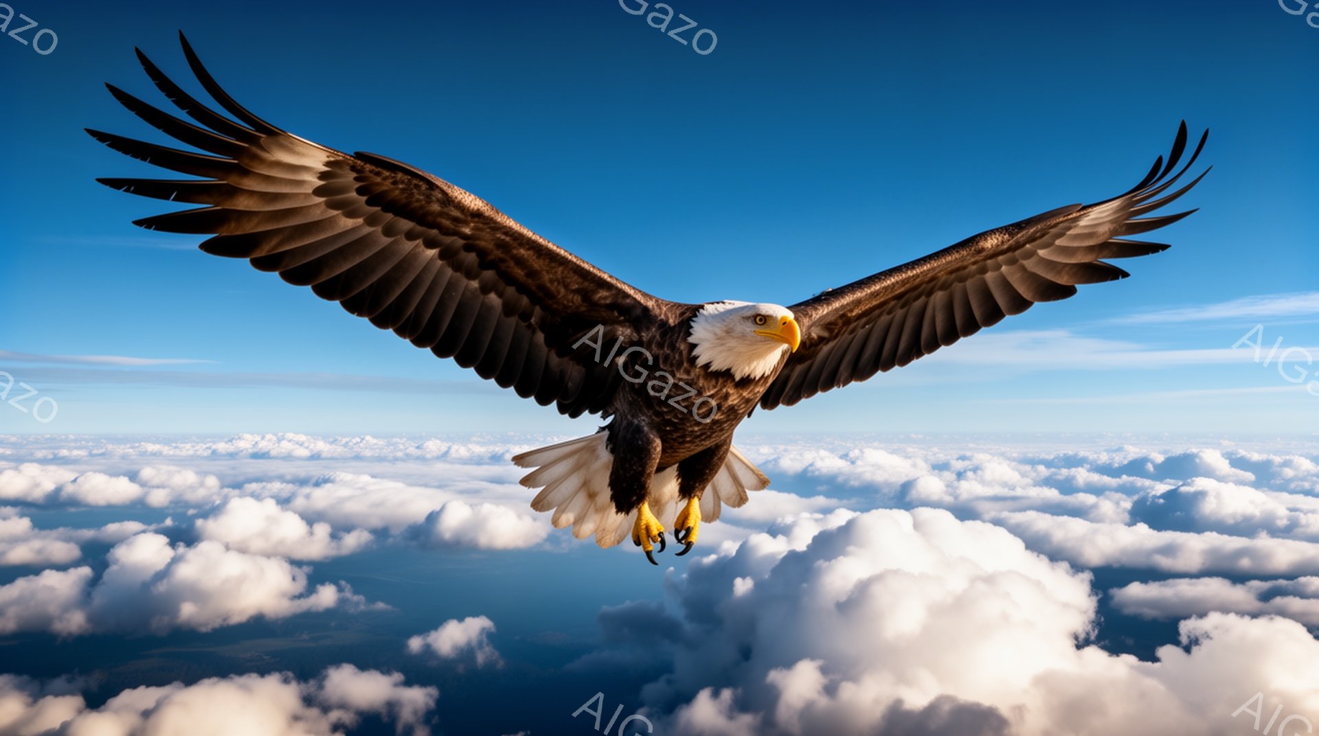 広大な雲海を背景に、力強いハクトウワシが翼を広げて飛んでいる。鮮やかな青空と白い雲のコントラストが、ワシの堂々とした姿を際立たせている。空を舞う姿は、自由と力強さの象徴である。 - AI生成フリー素材