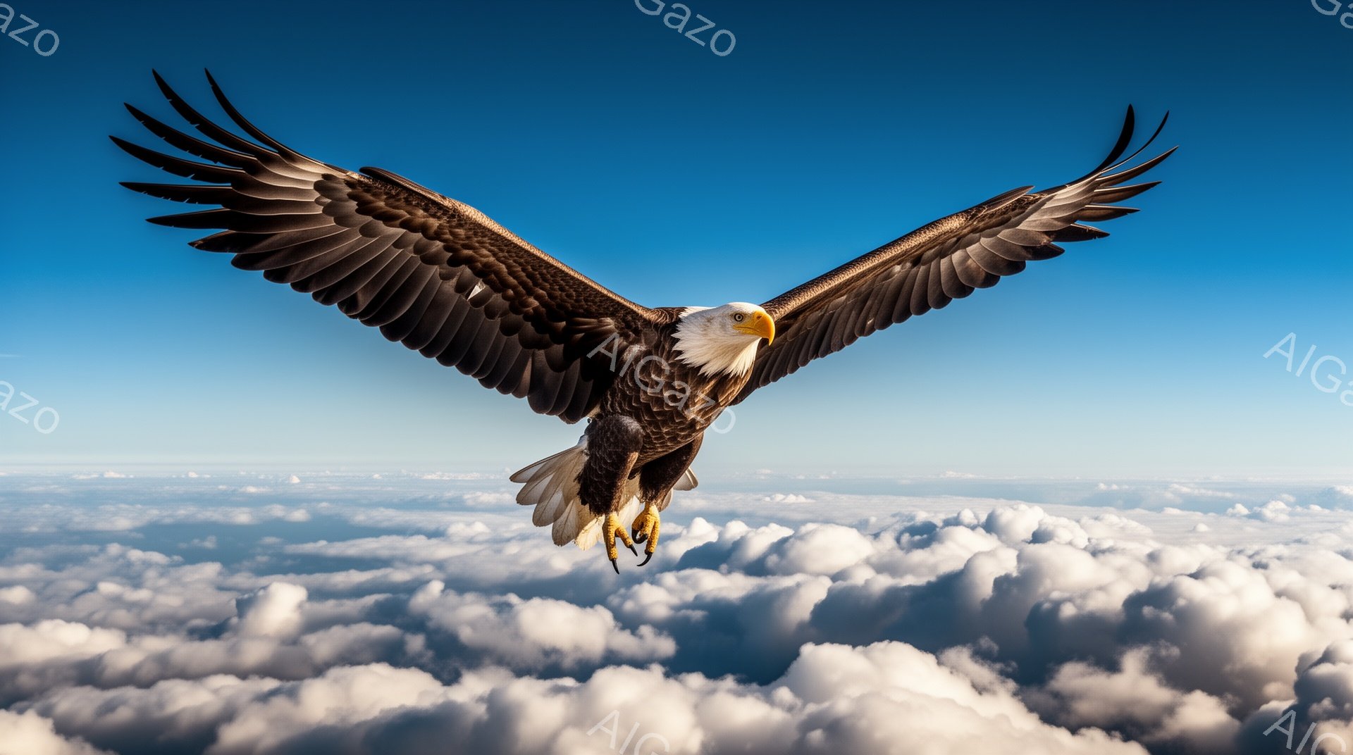 広大な雲海を背景に、翼を大きく広げたアメリカワシが力強く飛翔している。鮮やかな青空とのコントラストが印象的で、ワシの鋭い眼差しと力強い爪が特徴的だ。大空を舞う自由な姿は、力強さと希望を感じさせる。 - AI生成フリー素材