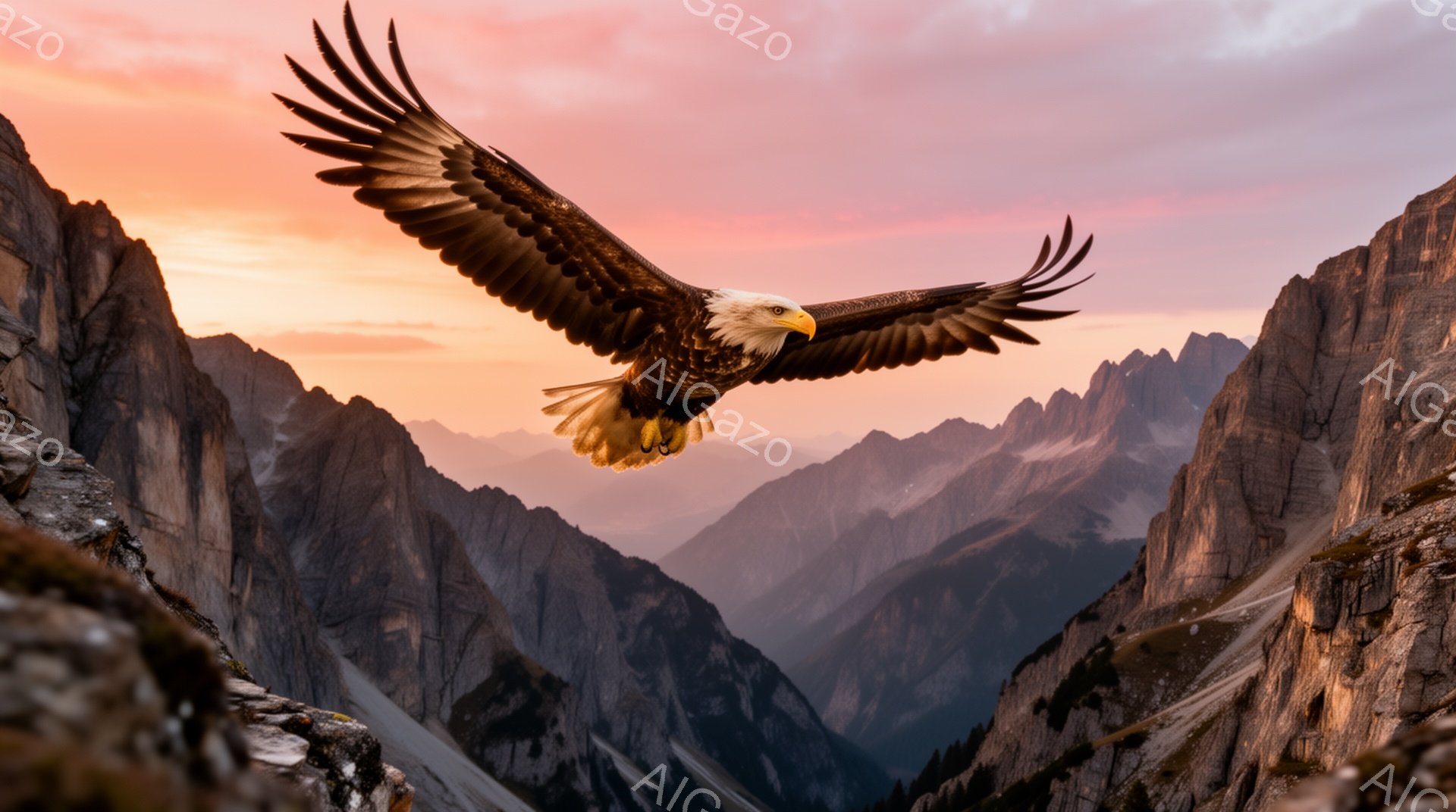 険しい山々を背景に、翼を大きく広げた白頭ハゲワシが飛び去る姿が捉えられています。夕焼けのオレンジと紫のグラデーションが空を彩り、雄大な自然の力強さを強調しています。光が岩肌を照らし、ドラマチックな雰囲 - AI生成フリー素材