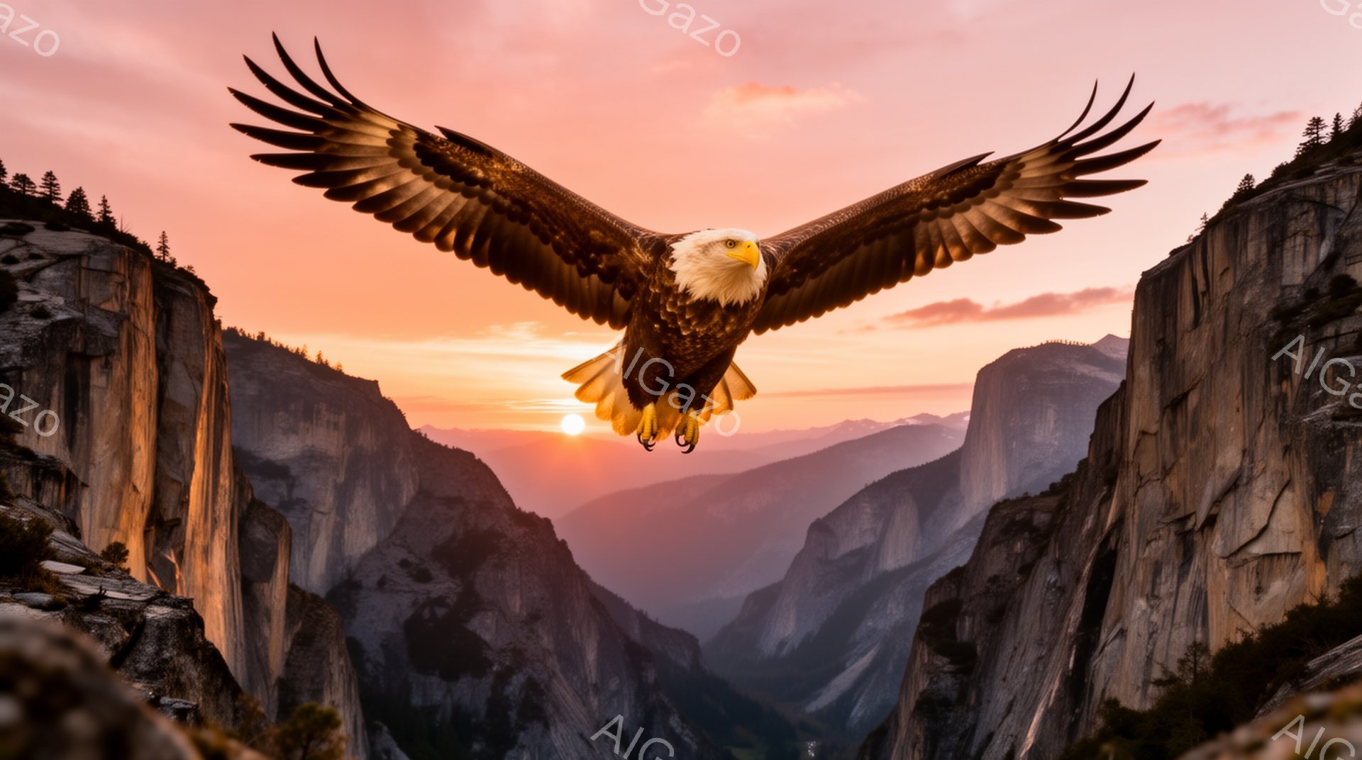 岩壁の渓谷を背景に、翼を広げたアメリカハゲワシが空を飛んでいる。夕焼け空がオレンジとピンクに染まり、雄大な自然の風景が広がっている。ハゲワシの力強い姿と美しい夕焼けが、見る人に感動を与える。 - AI生成フリー素材