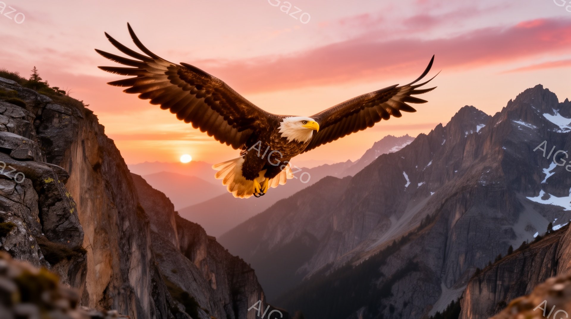 雄大な山々と夕焼けを背景に、白頭鷲が翼を広げて飛んでいる。鷲は鮮やかなオレンジ色の光を浴びており、その姿は力強く、自由な印象を与える。山々の稜線と夕焼けが織りなす景色は、自然の壮大さを表現している。 - AI生成フリー素材