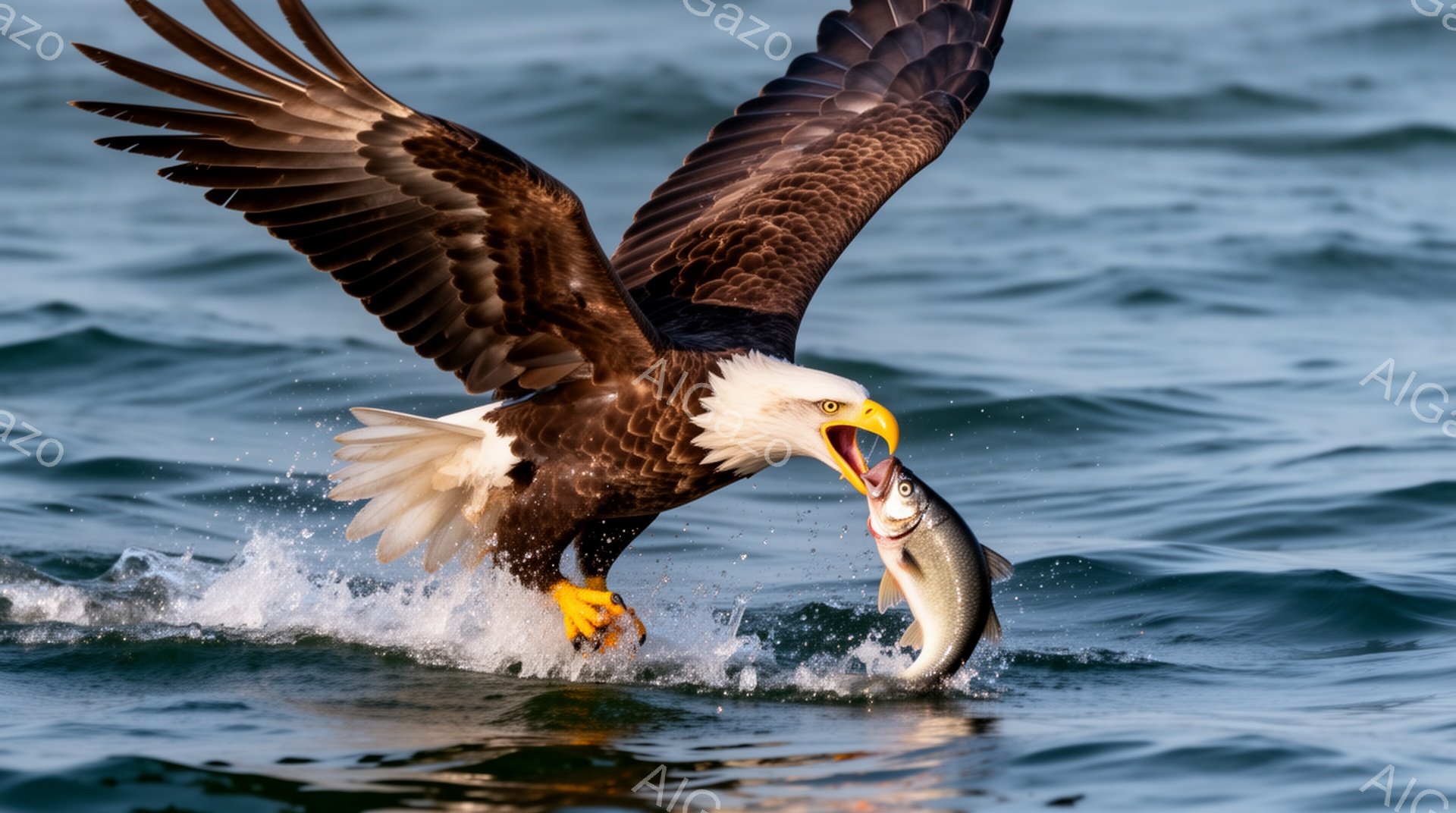 白頭鷲が獲物を捕らえ、水面から飛び出している様子が捉えられています。鮮やかなブルーの海面と、鷲の力強い翼のコントラストが印象的です。水しぶきが舞い上がり、躍動感あふれる瞬間を切り取っています。