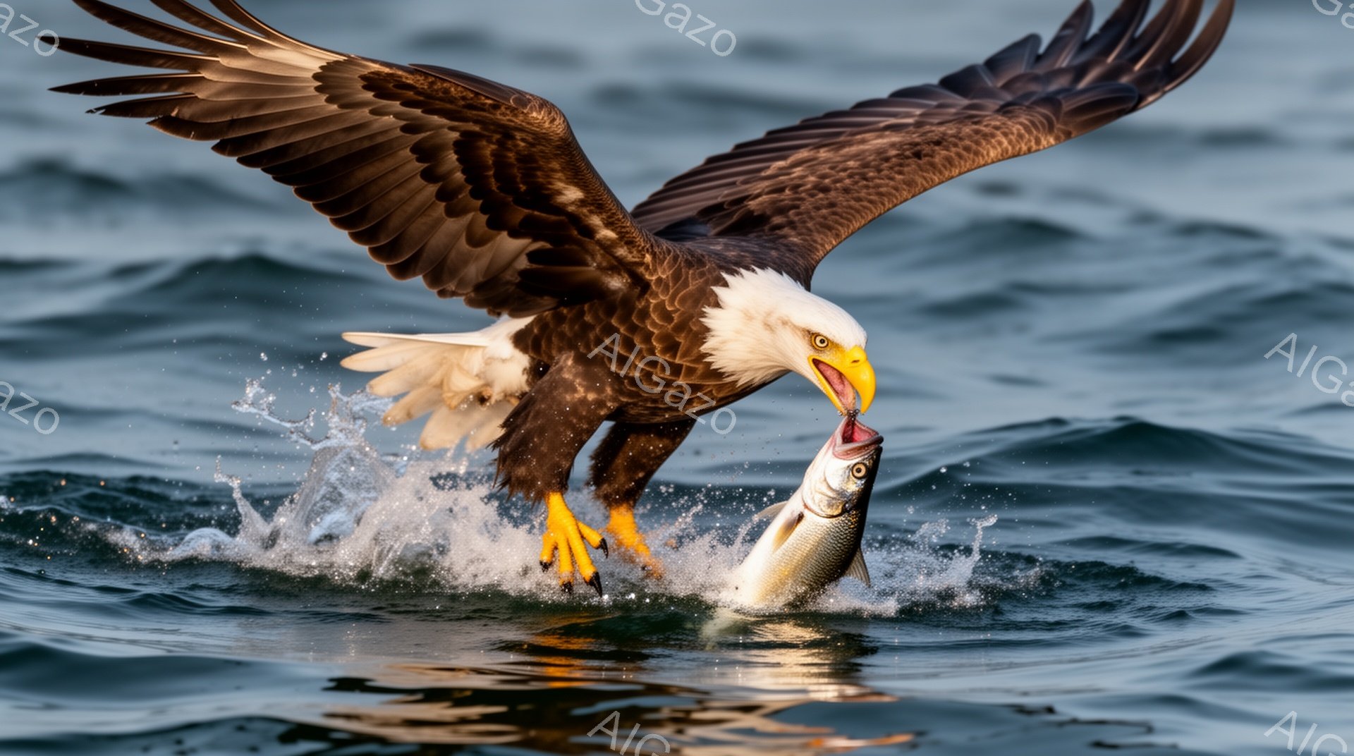 鋭い爪で獲物を掴み、力強く空を舞うハクトウワシが写っている。波しぶきを上げながらの飛行は、ワシの狩りの激しさと自然の力を感じさせる。水面は光を反射し、ダイナミックな瞬間を際立たせている。