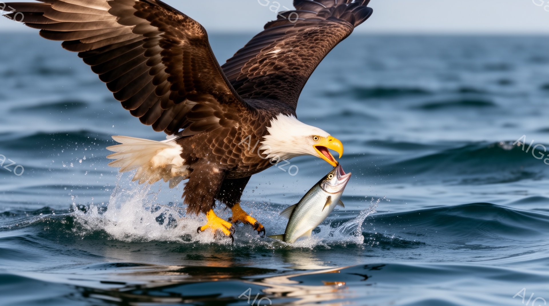 広大な海の上を飛ぶハクトウワシが、獲物の魚をくわえて力強く水面を蹴っている。水しぶきが飛び散り、ワシの鋭い爪と翼が印象的だ。力強い瞬間を捉えた、ダイナミックな写真である。