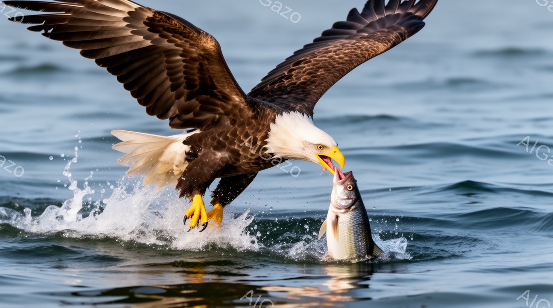 オオワシが獲物を捕らえようとして水面から飛び出している。翼を大きく広げ、鋭い爪で銀色の魚をしっかりと掴んでいる様子が捉えられている。水しぶきが飛び散り、力強い瞬間を表現している。 - AI生成フリー素材