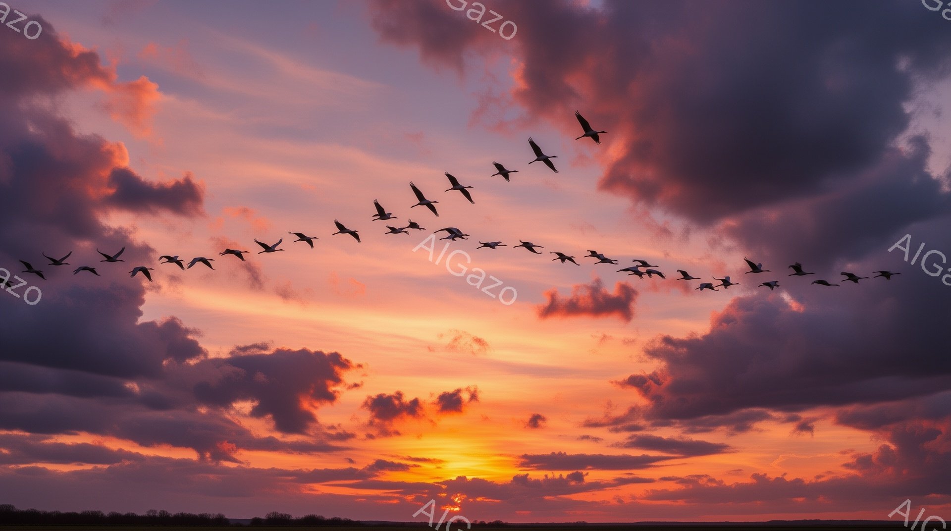 燃えるような夕焼け空を、V字編隊で鳥たちが飛んでいる。地平線には遠くの山並みが薄く見え、空にはドラマチックな雲が広がっている。暖色系の色彩が、平和で穏やかな雰囲気を醸し出している。