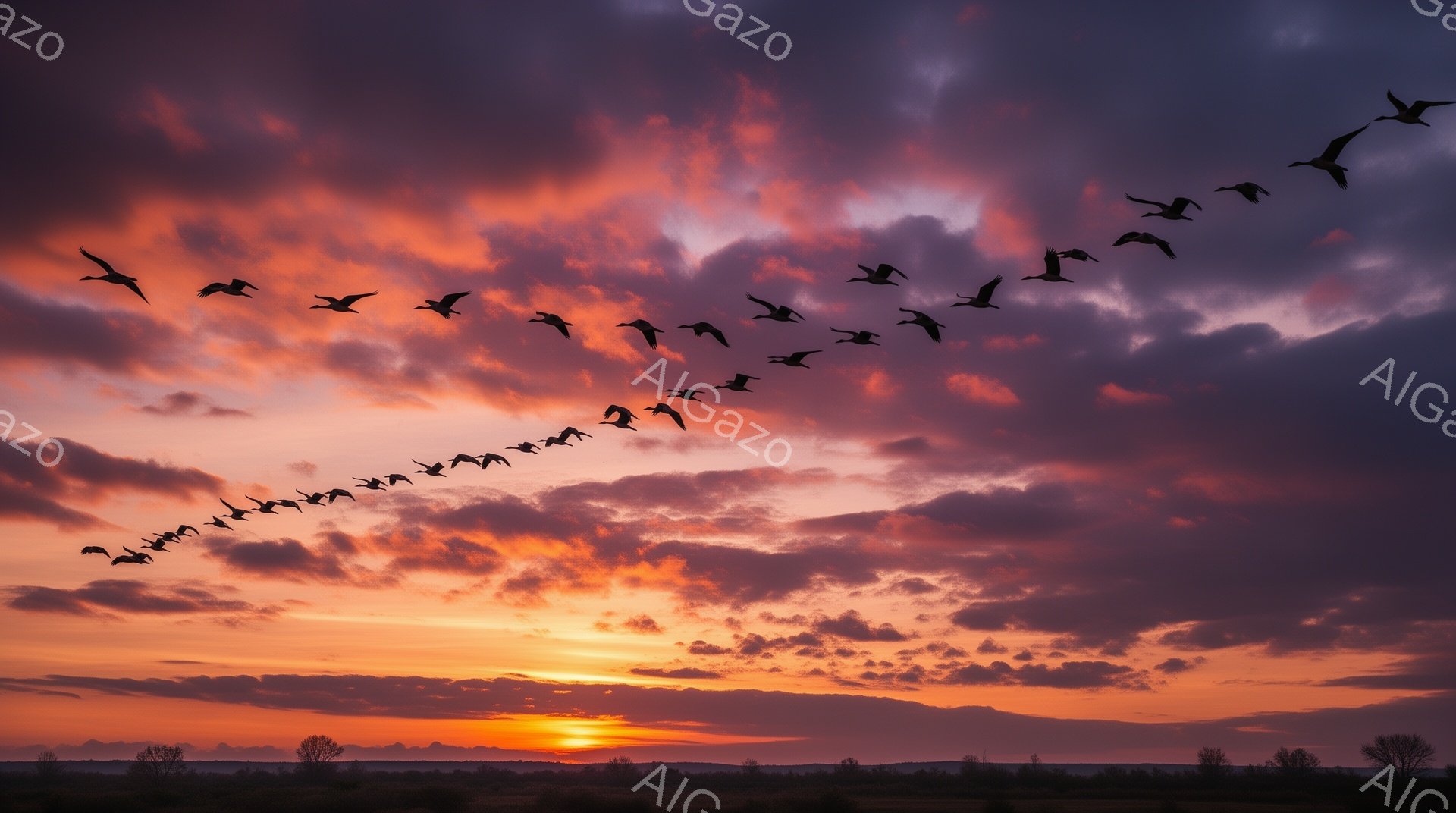 夕焼け空をV字型に飛ぶ鳥たちの群れが印象的な光景です。地平線には薄い山の稜線が見え、空はオレンジと紫のグラデーションで染められています。穏やかで希望に満ちた雰囲気を感じさせます。