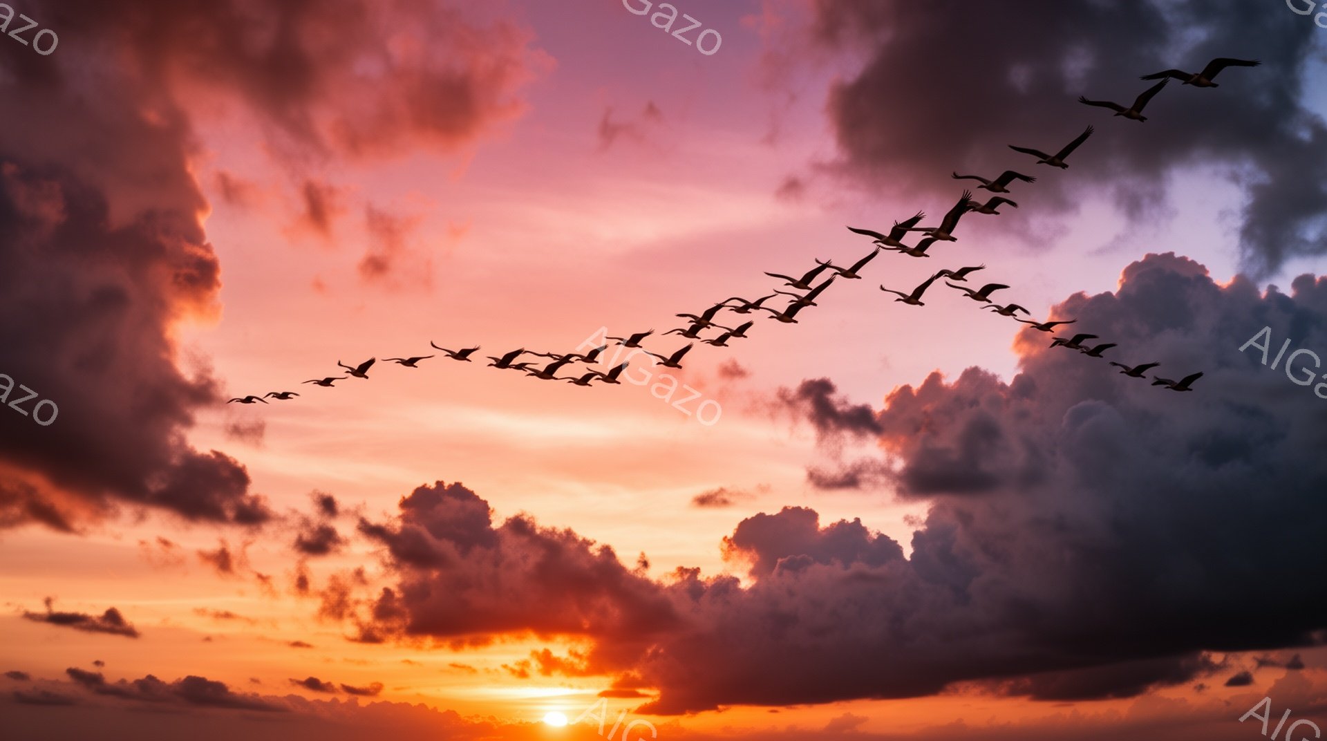 燃えるような夕焼け空を、V字型に鳥たちが飛んでいる。オレンジと紫が混ざり合った空は美しく、どこか幻想的な雰囲気を醸し出している。夕暮れ時の鳥たちのシルエットが、空の壮大さをさらに強調している。