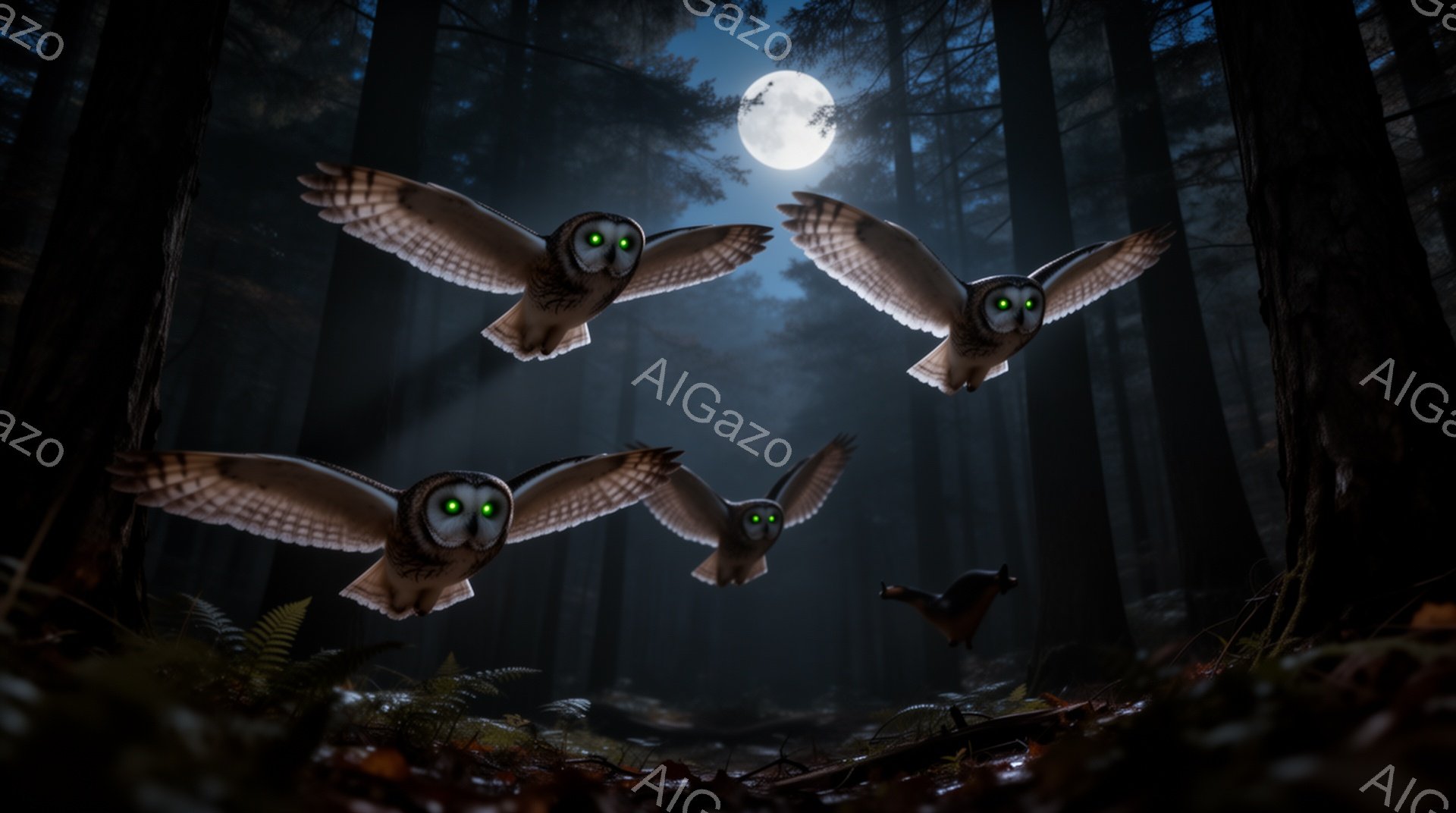 暗い森の中で、数匹のフクロウが月明かりの下を飛んでいる。彼らの緑色の瞳は不気味な光を放ち、周囲の木々や植物を照らしている。森は薄暗く、神秘的で、どこか不安な雰囲気が漂っている。