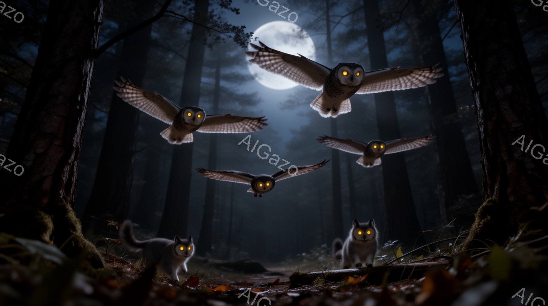 深い森の中で、数羽のフクロウが月明かりの下を飛び交っている。地面には狐のような動物が複数いて、フクロウを見上げている様子が神秘的な雰囲気を醸し出している。全体的に青みがかった色調で、幻想的で少し不気味な光景が広がっている。