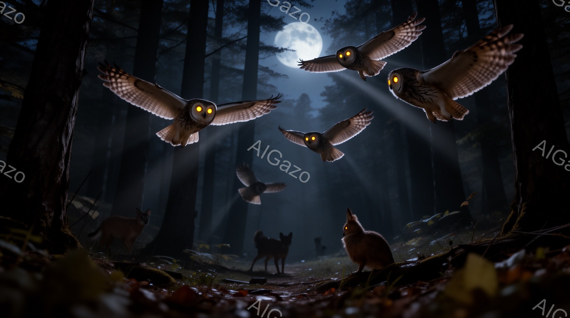 暗い森の中で、数匹のキツネが月明かりの下でフクロウの群れを見上げている。フクロウは翼を広げ、空を舞い、キツネは警戒しながらも好奇心を持って見つめているようだ。木々の間から差し込む月の光が、神秘的な雰囲気を醸し出している。