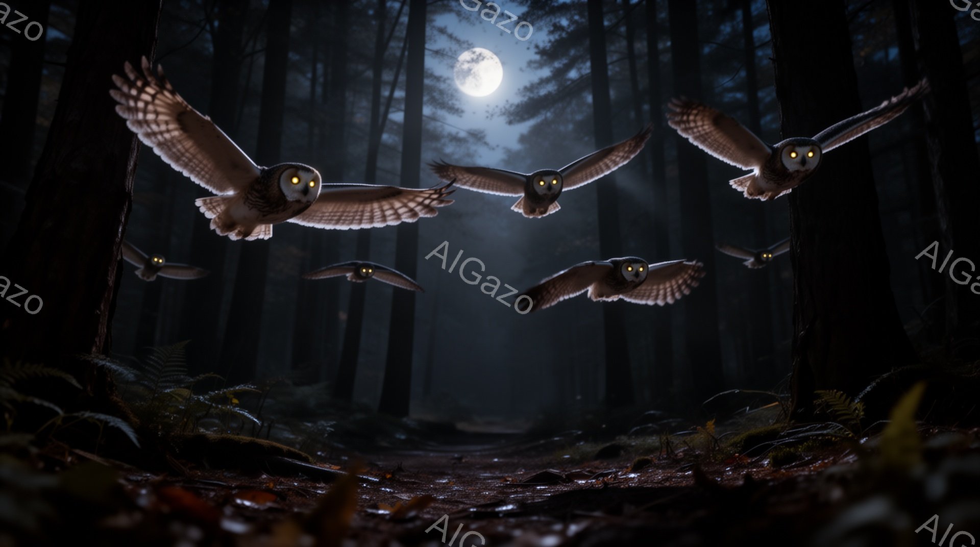 暗い森の中で、数羽のフクロウが月明かりの下を飛び交っている。葉が落ちた地面と木々のシルエットが、神秘的な雰囲気を醸し出している。月は空高く輝き、森全体を幻想的に照らしている。