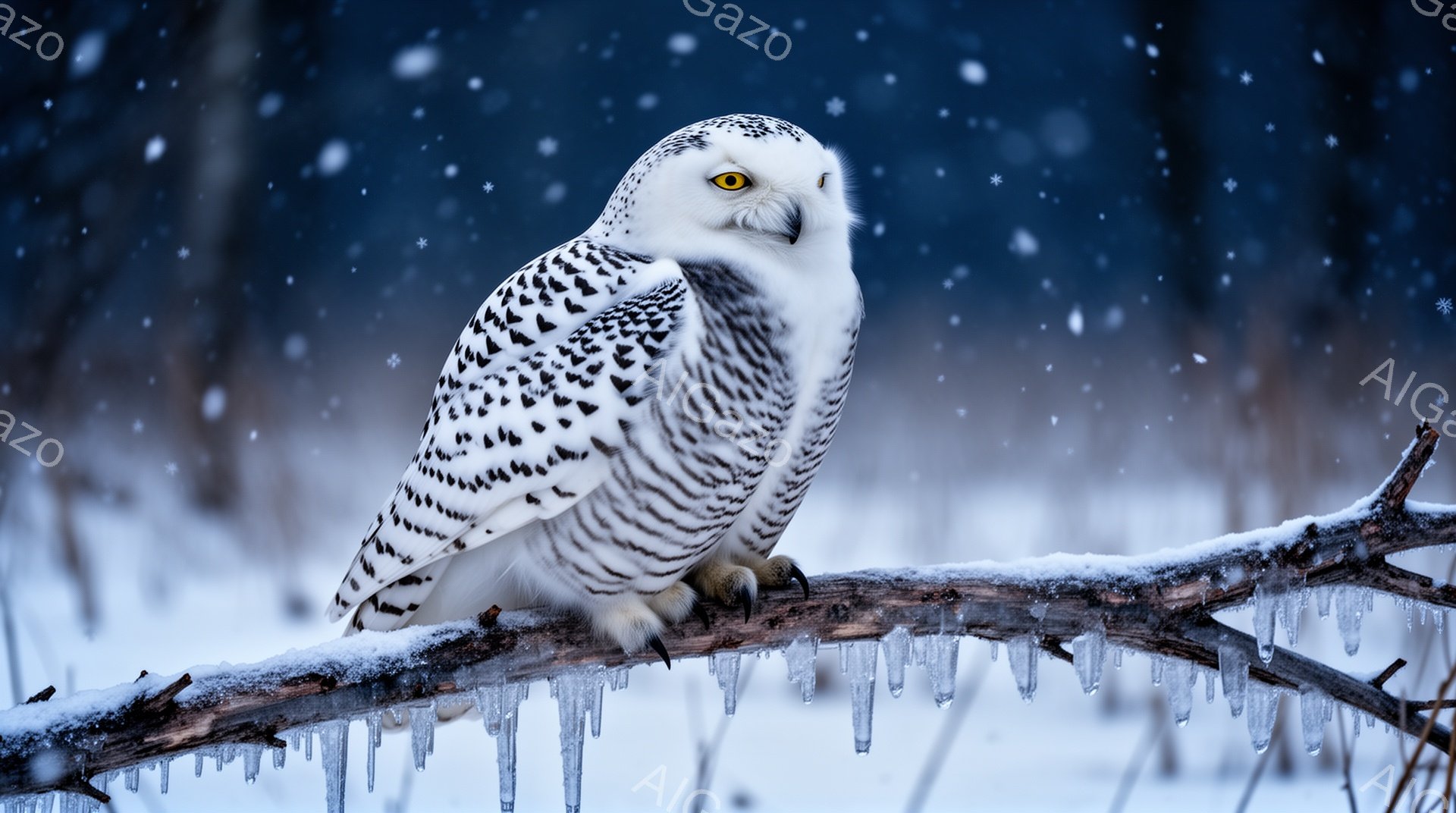 雪が降る冬の森の中で、白いフクロウが氷で覆われた枝にとまっている。フクロウは鋭い眼差しで何かを見つめているようだ。背景にはぼやけた木々が見え、静かで神秘的な雰囲気が漂っている。