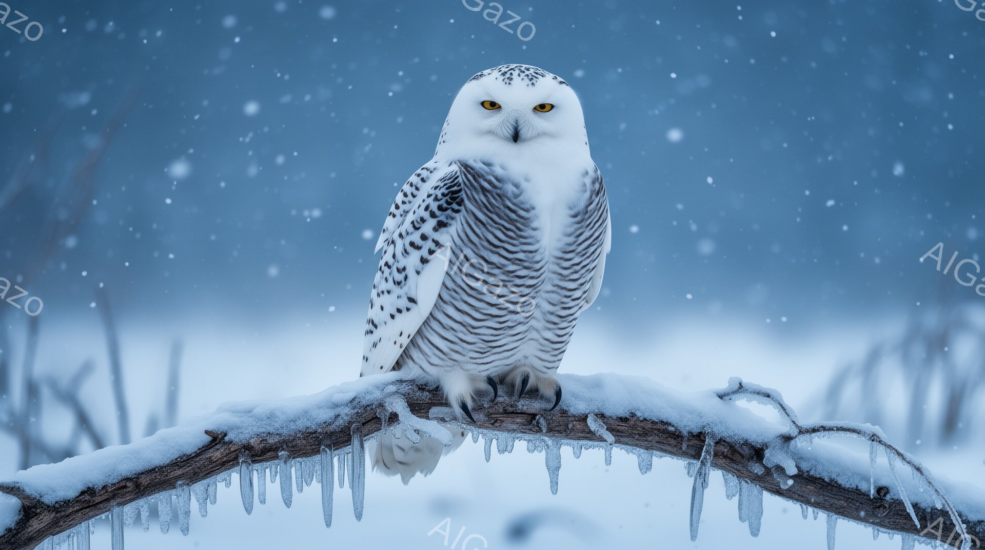 雪に覆われた枝に、白いフクロウが止まっています。その鋭い眼光は、雪景色の中できらきらと輝き、冬の厳しさと美しさを象徴しています。背景には雪が舞い、冷たい空気感が伝わってきます。