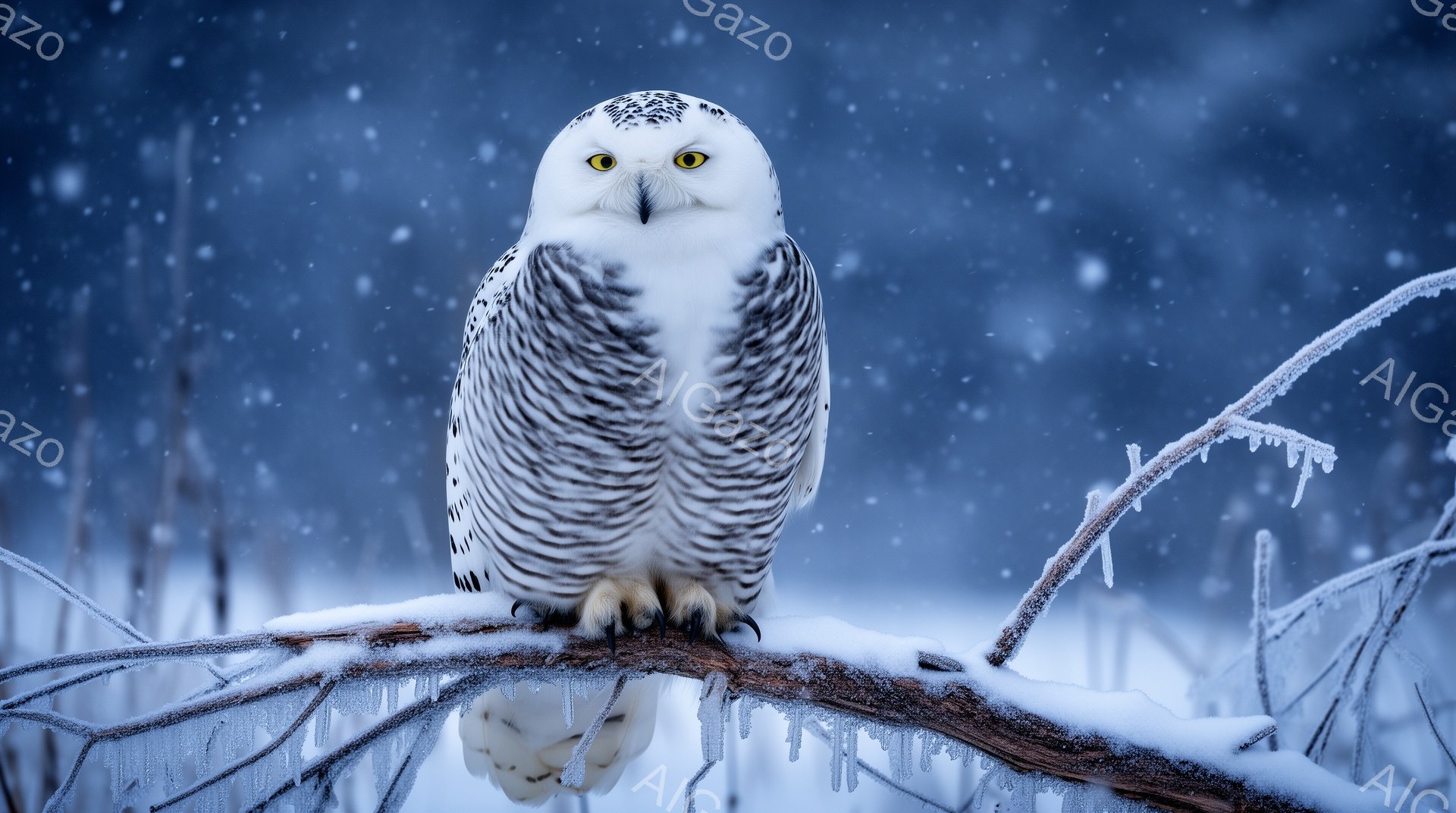 雪の覆われた枝にとまる雪白のフクロウが映っている。鋭い黄色い目がこちらを見つめ、その羽毛は冬の寒さをしのぐようにふっくらとしている。背景は雪景色で、静かで厳かな雰囲気を醸し出している。