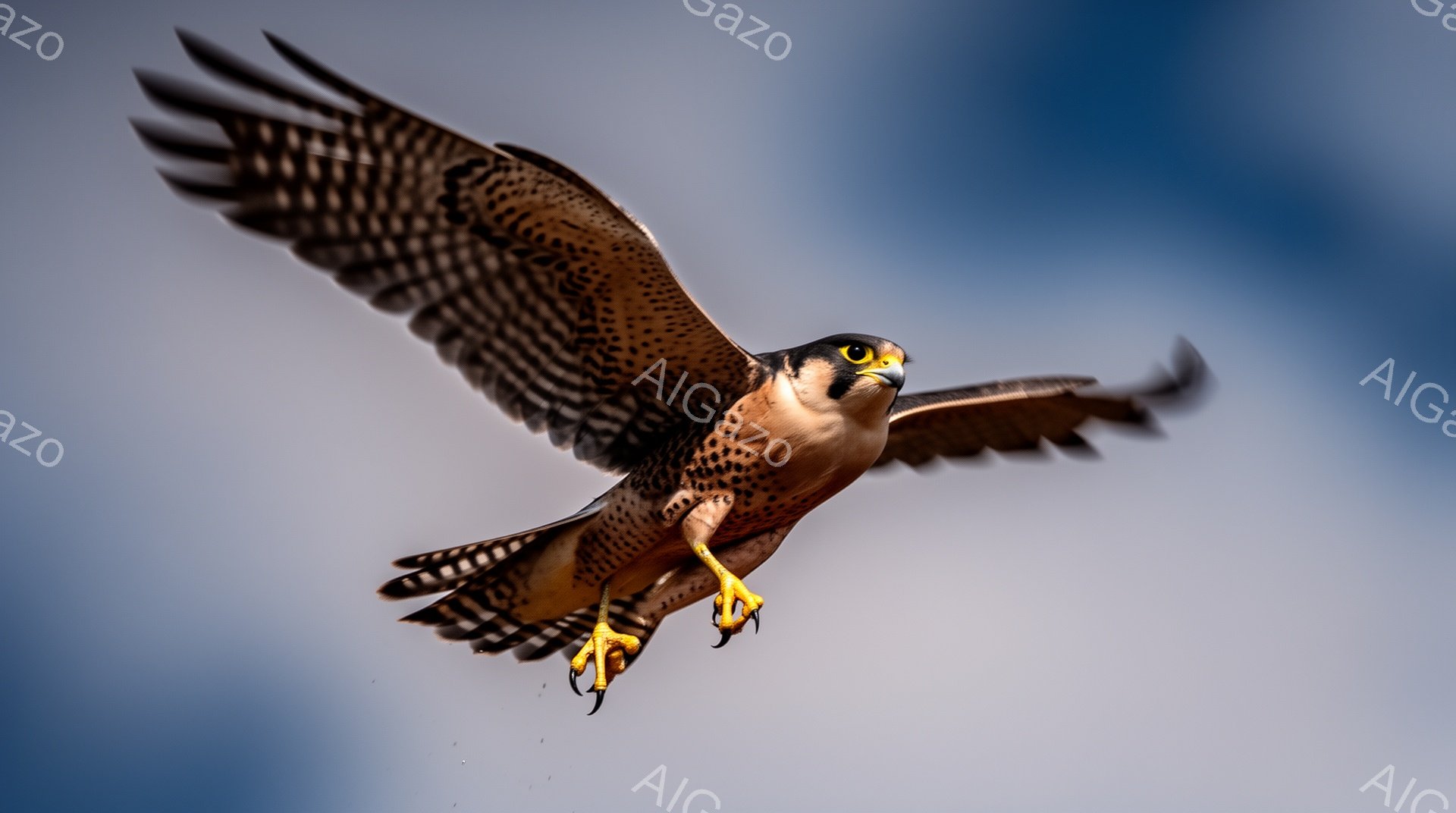 猛禽類のハヤブサが青空を力強く羽ばたいている。翼を大きく広げ、鋭い爪を前に突き出し、獲物を狙っているような迫力のある姿だ。背景の空は穏やかで、ハヤブサの動きを際立たせている。