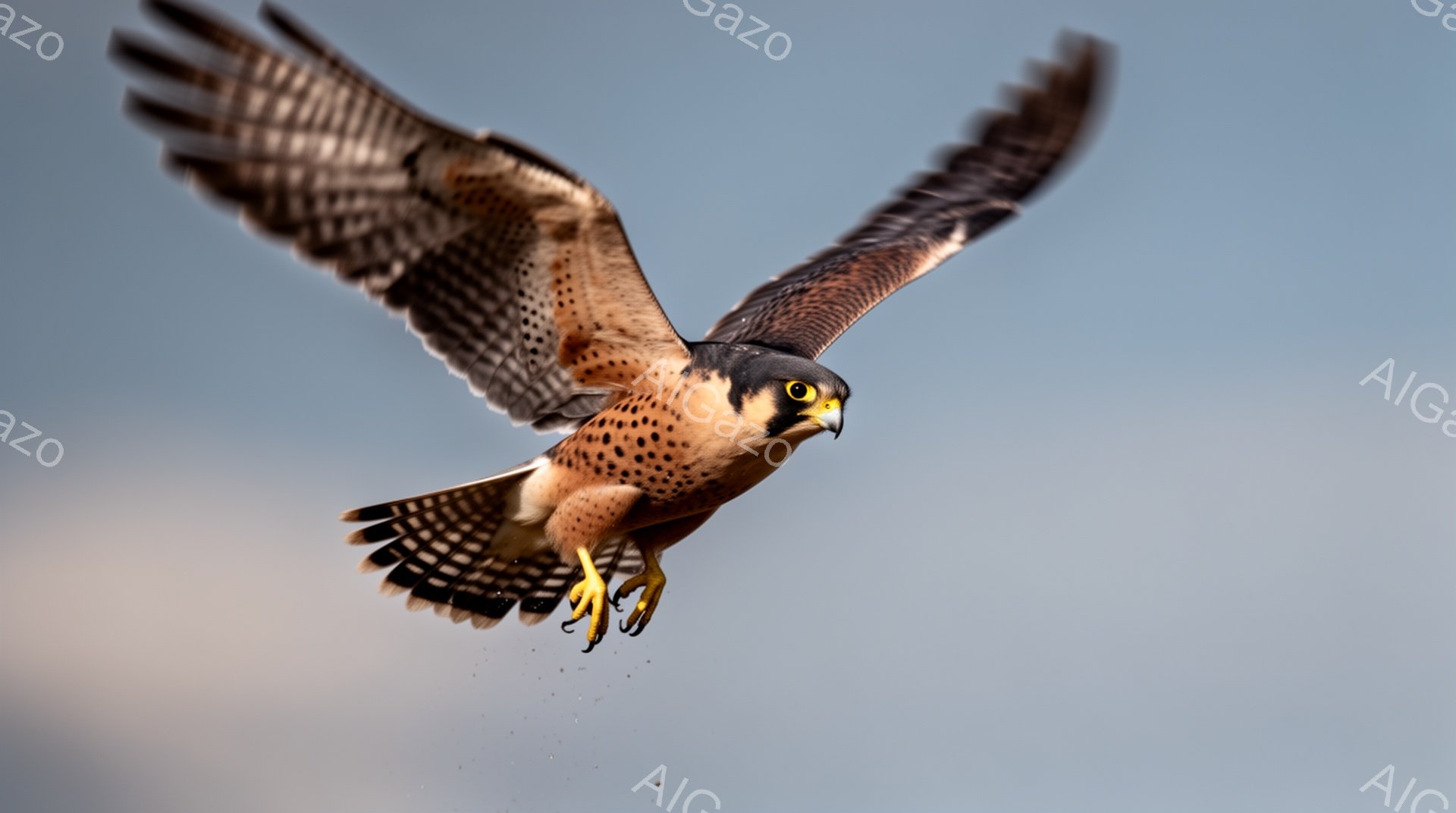 猛禽類の一種であるハヤブサが、翼を大きく広げて空を飛んでいる。背景は淡い青色で、羽の動きが捉えられており、ダイナミックな瞬間が切り取られている。鋭い眼光と力強い爪が印象的で、狩りのために獲物を狙っている様子が想像できる。
