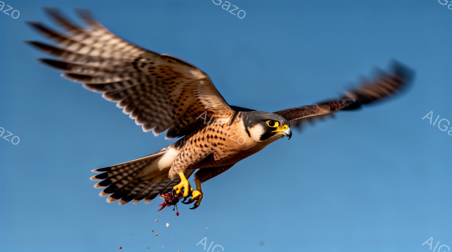 空を飛ぶ猛禽類の鮮明な写真です。獲物をくわえたハヤブサが、翼を広げた状態でこちらに向かって飛んでいます。青い空を背景に、その力強い姿が際立っています。
