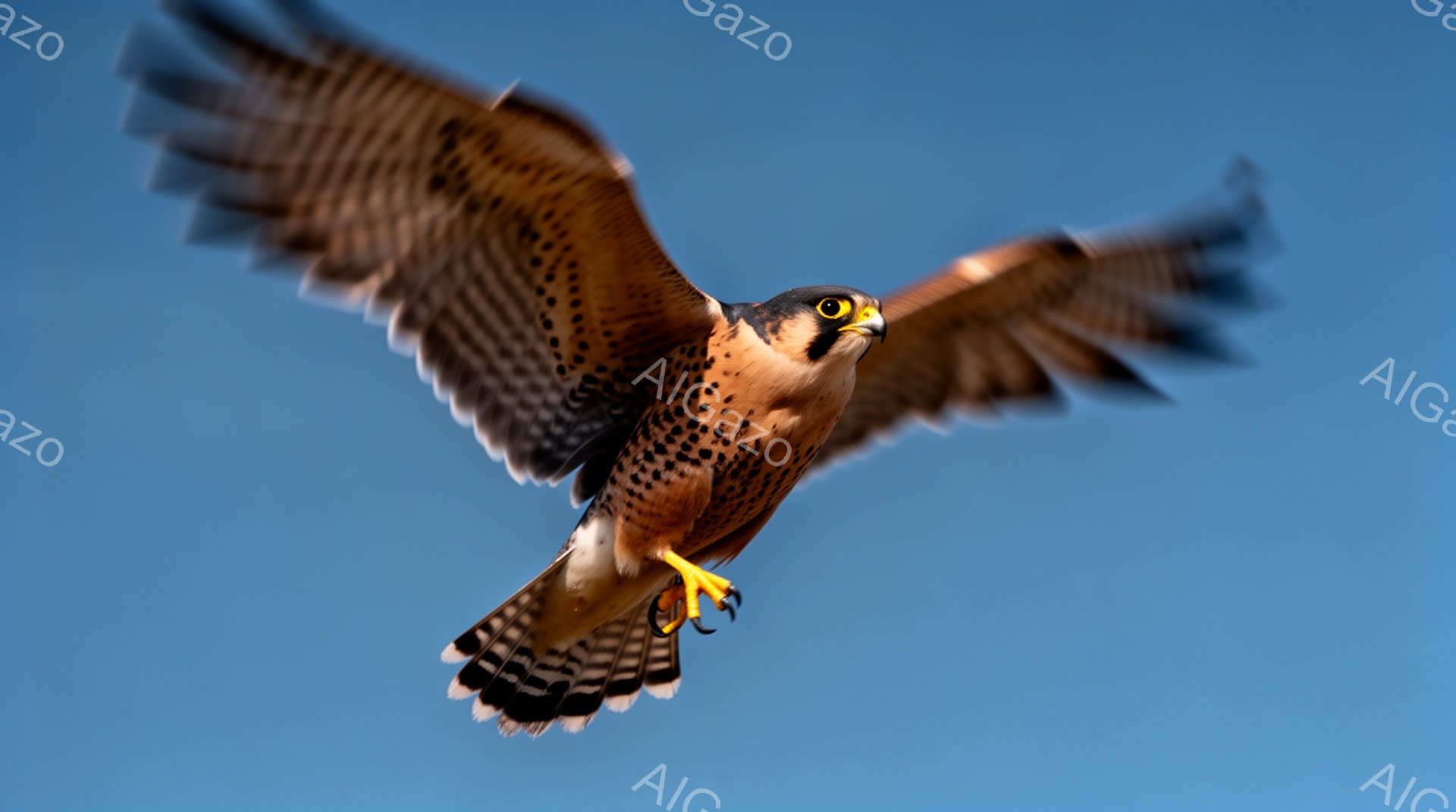 鮮やかな青空を背景に、一羽のハヤブサが翼を広げて飛翔している。 鋭い眼光と力強い爪が特徴的で、狩りのために獲物を探している様子が伺える。 羽の模様や光の当たり具合から、自然の力強さと美しさが感じられる。