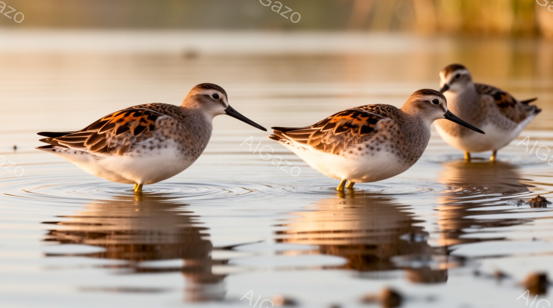 明るい水面で3羽のチドリが丸みを帯びた体で静かに立っている。夕暮れ時の光が水面に反射し、鳥たちの羽毛を金色に染めている。穏やかで平和な雰囲気が漂う。