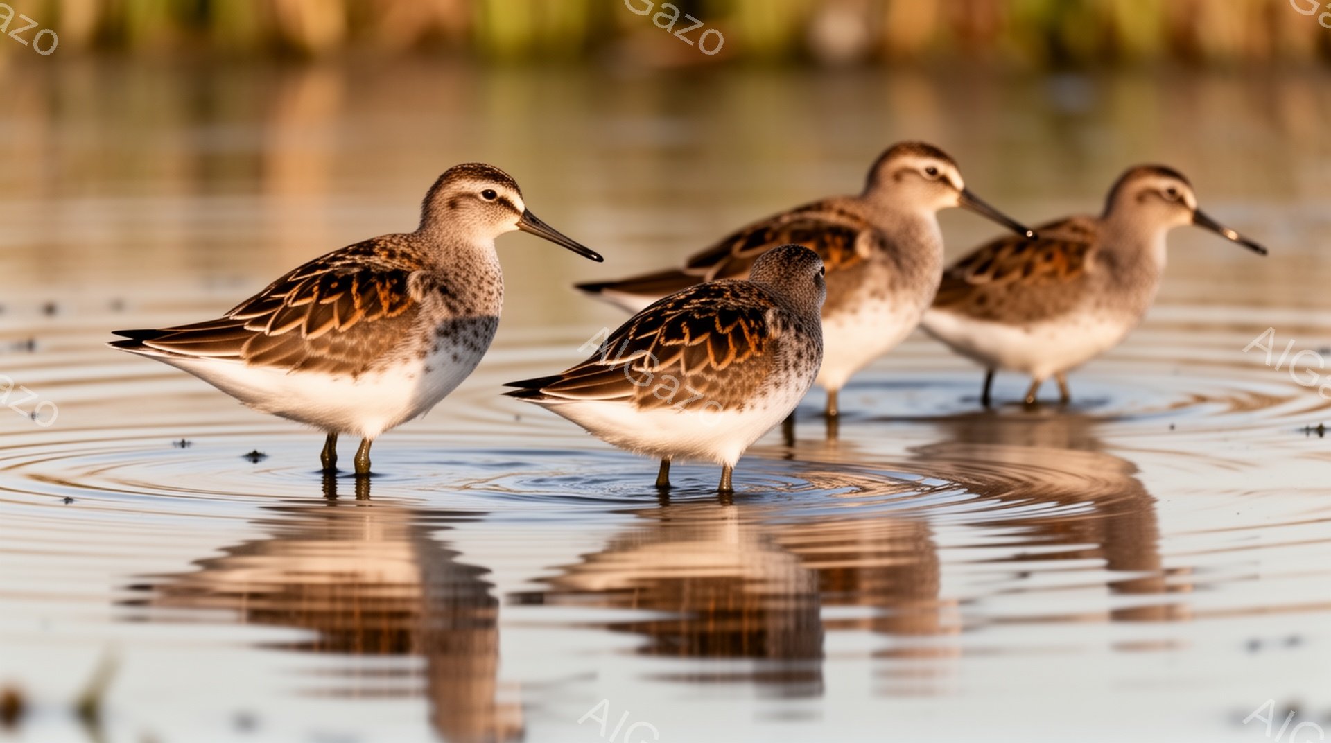 浅瀬で佇む4羽の鳥が写っている。水面に映る鳥の姿もまた美しい。穏やかな水面と夕焼けのような光が、静寂な雰囲気を醸し出している。