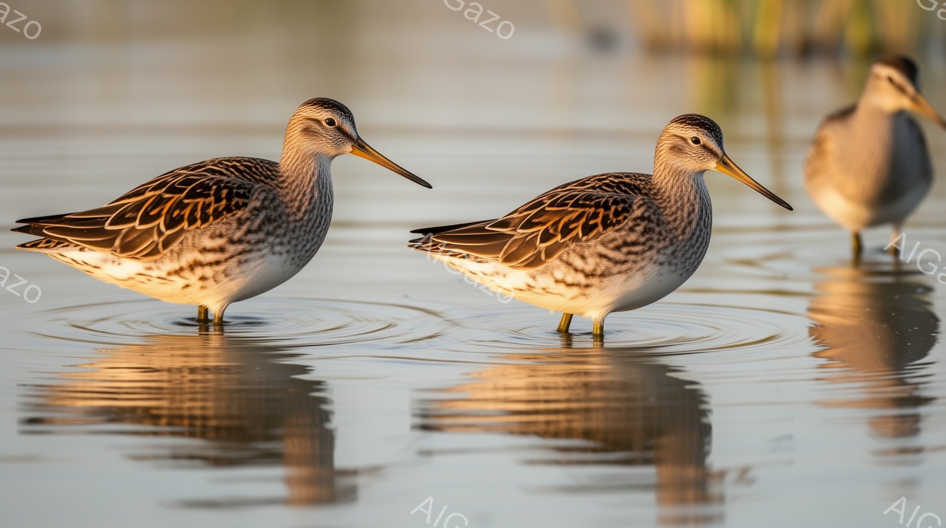 浅い水辺に2羽のチドリが立っている。水面には波紋が広がり、夕暮れ時の光が鳥たちの羽に優しく当たっている。穏やかな雰囲気で、自然の静けさを感じさせる。