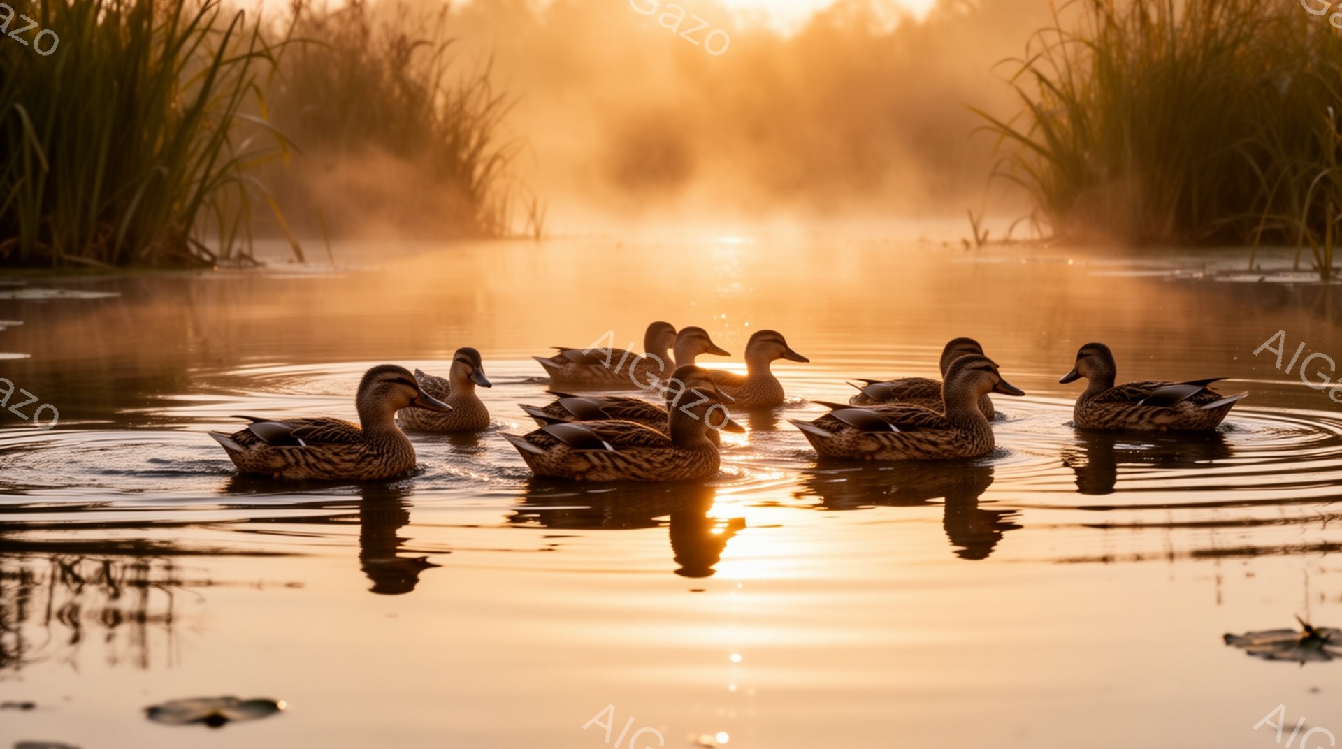 澄んだ朝日に照らされた水面を、カモたちが静かに泳いでいる。周囲には霧が立ち込め、幻想的な雰囲気を醸し出している。水面に映るカモの影も美しく、穏やかな光景だ。