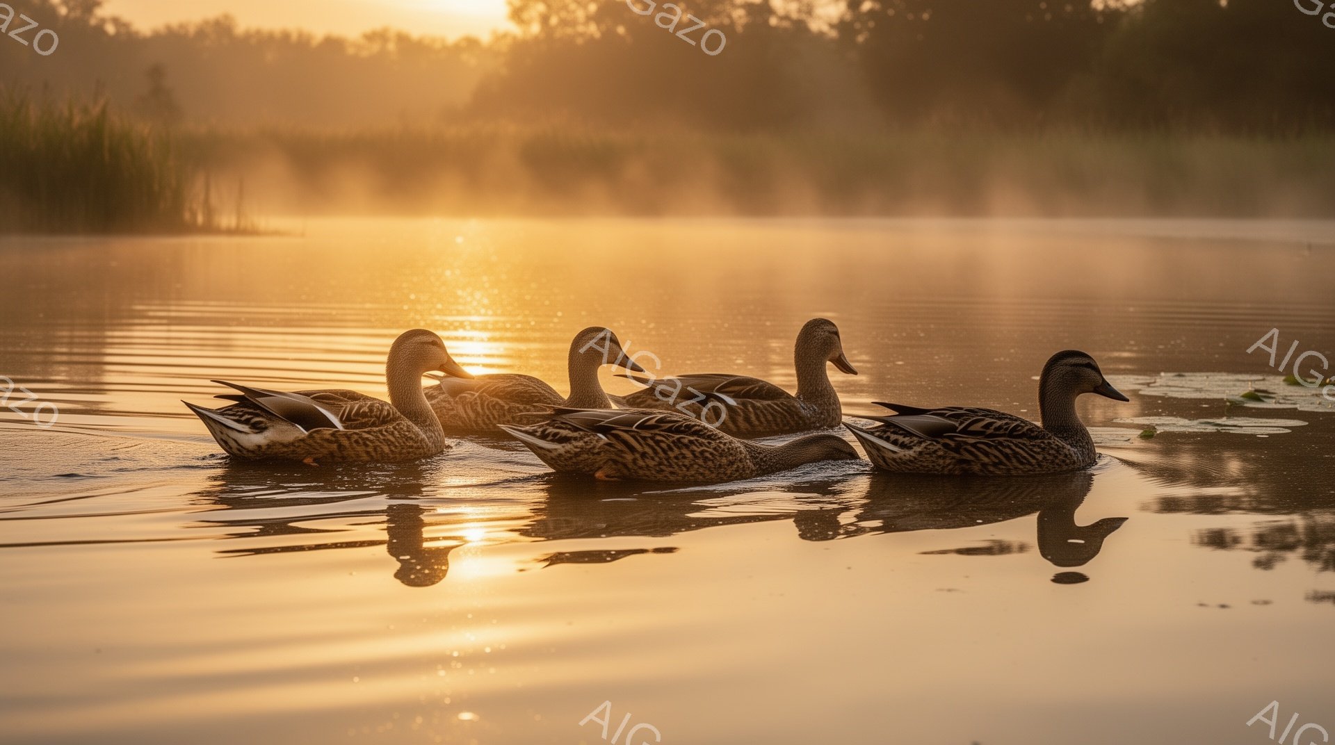 穏やかな水面にアヒルたちが浮かんでいる。朝日が水面を照らし、水面とアヒルにオレンジ色の光が反射している。朝霧が立ち込め、幻想的な雰囲気を醸し出している。