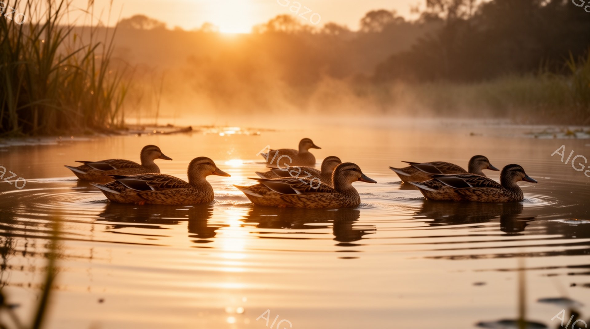 穏やかな水面にカモたちが並んで泳いでいる。朝焼けの光が水面を照らし、幻想的な雰囲気を醸し出している。周囲には葦が生い茂り、自然豊かな風景が広がっている。