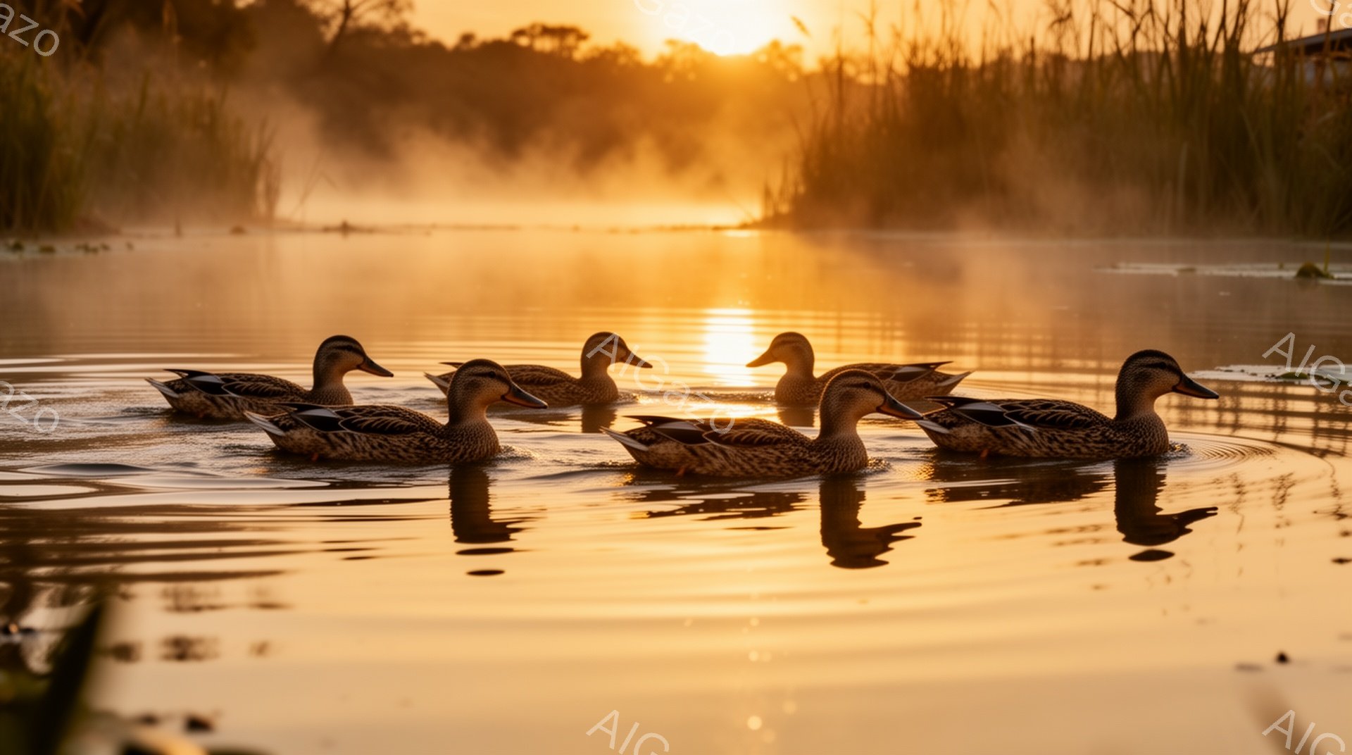 アヒルが５羽、朝日の輝く湖面を静かに泳いでいる。朝霧が立ち込め、穏やかな雰囲気の中で、水面に反射する光が美しい。自然の風景が、平和でリラックスした気分にさせてくれる。