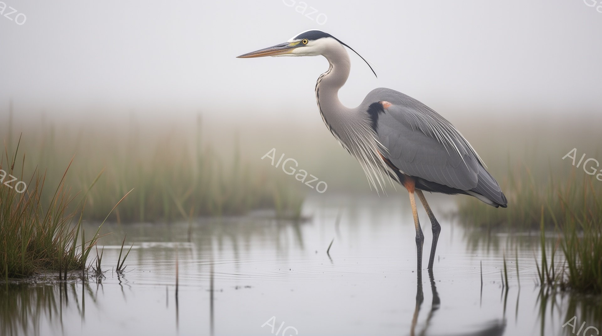 ササバイシが水辺に立っており、長い脚と首が特徴的です。周囲は霧に包まれ、草が生い茂る浅瀬の風景が広がっています。全体的に静かで穏やかな雰囲気が漂っています。